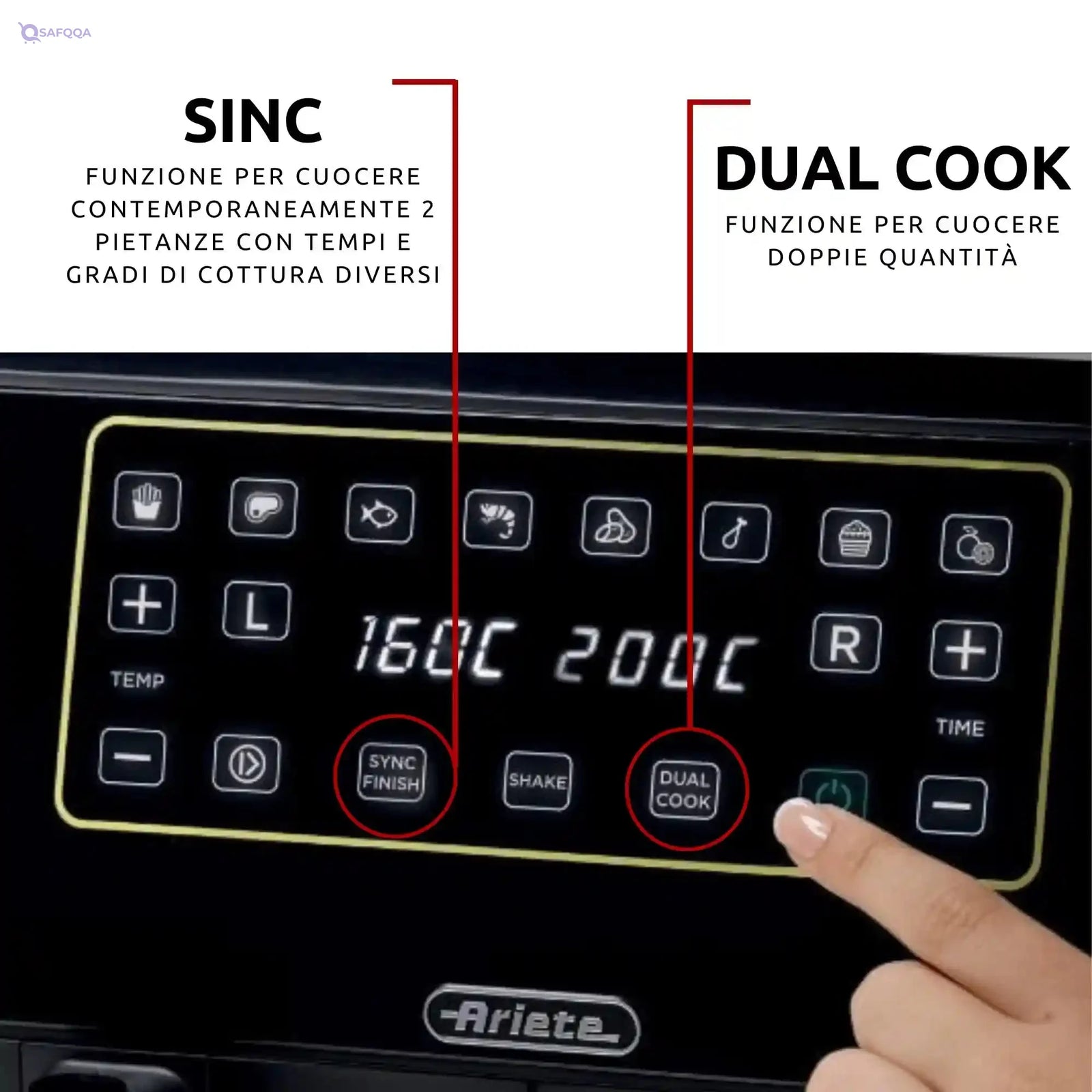 Ariete 4623 Airy Metal Air Fryer Double Basket, 1700 W, 8 Liters, 3 Cooking Functions, digital LED touch panel, 8 preset programs, timer, 2 Baskets, Black (by Delonghi Group) - Safqqa Egypt