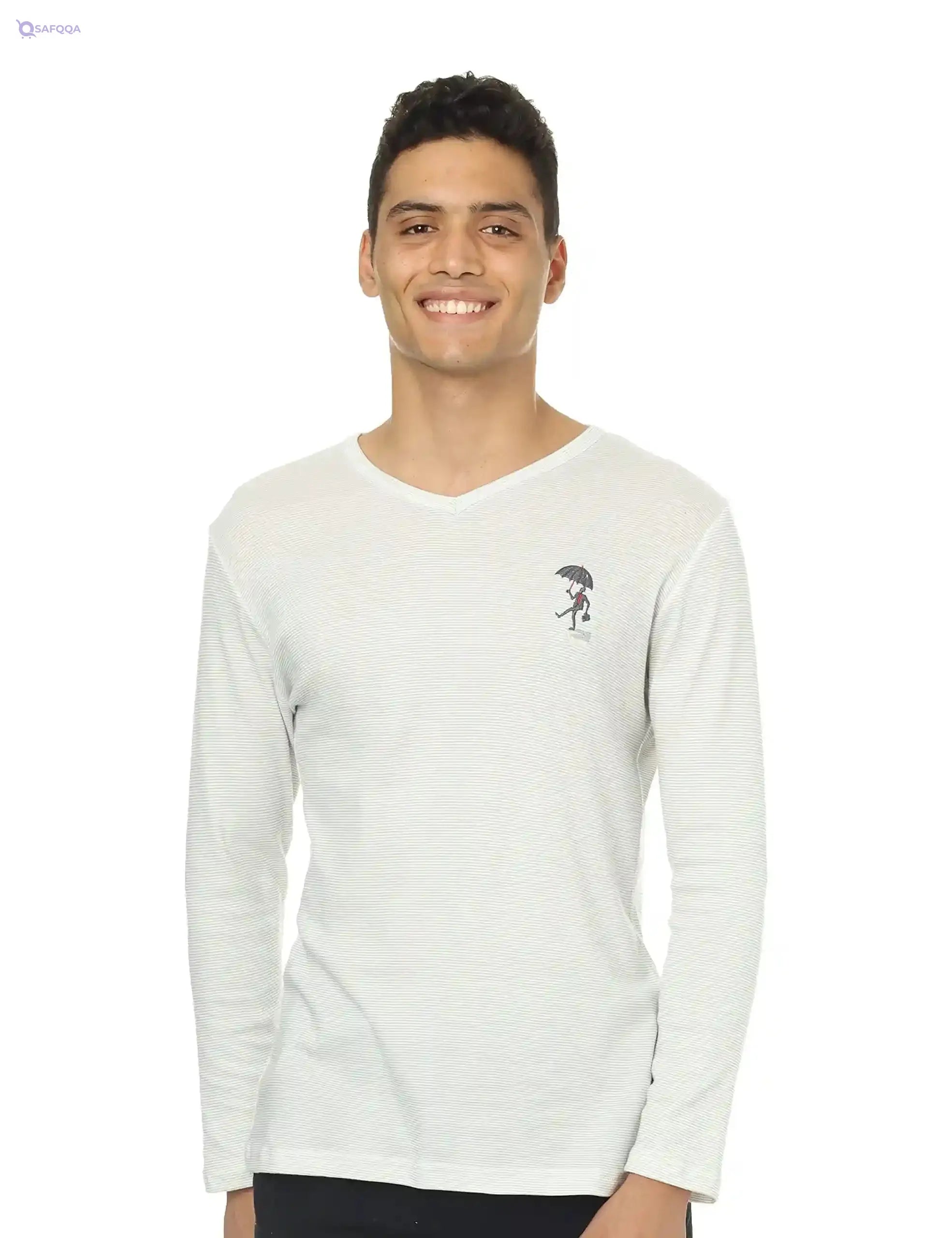 Off cliff Men’s Striped V-Neck Long Sleeve Top with Embroidery - Safqqa