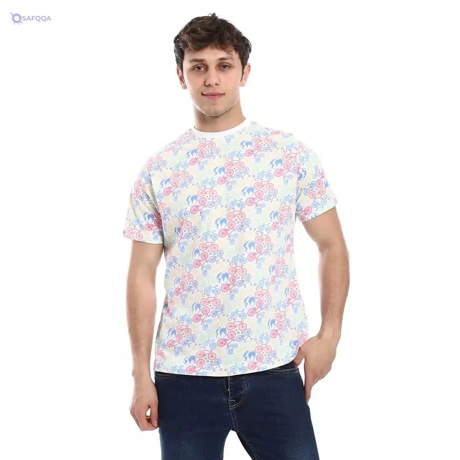 Andora Round Neck Self Pattern Basic Cotton T-Shirt-White-M, Mens - Safqqa Egypt