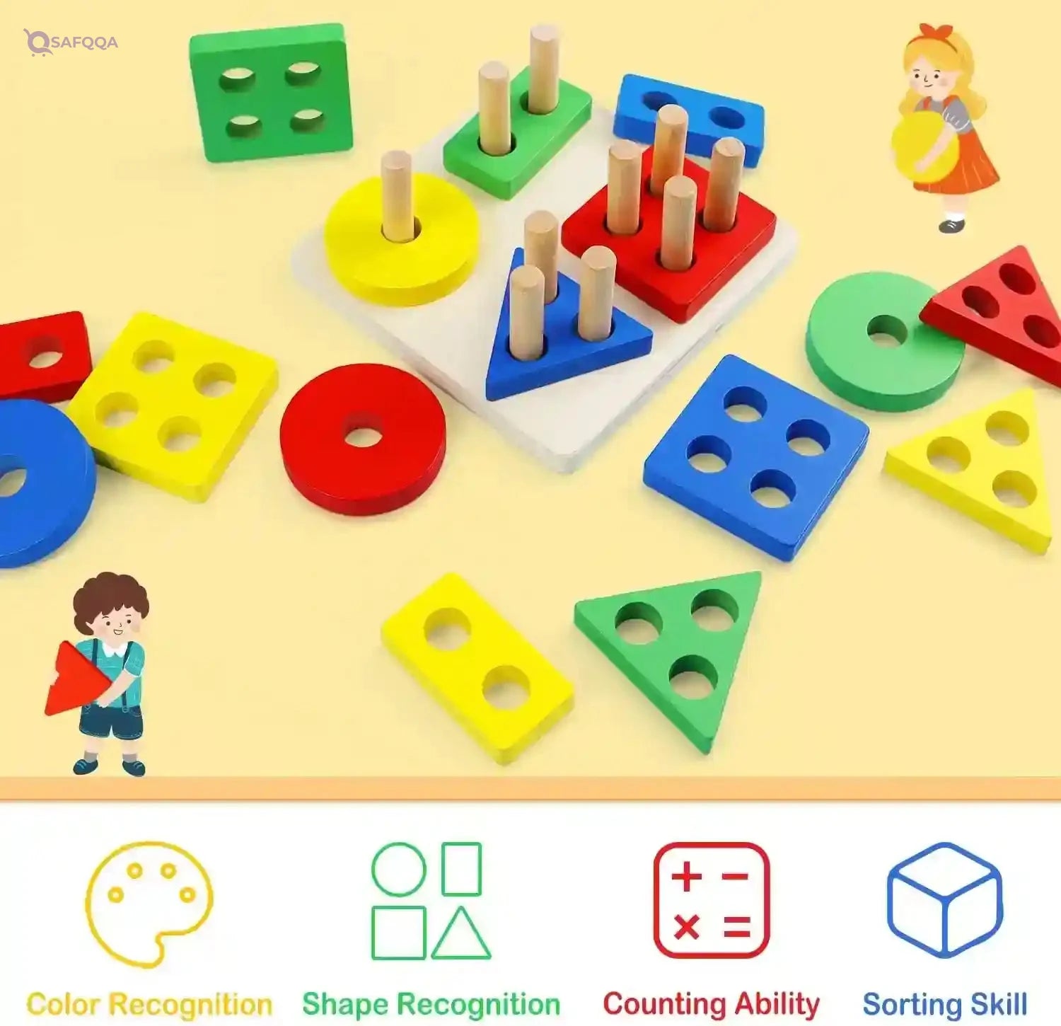YelaJoy Wooden Stacking Montessori Toys, Toddler Puzzle Colorful Shape Sorter Stacker, Baby Wooden Toys for Early Development & Fine Motor Skills, Toddler Puzzles (Standard Geometric Shapes) - Safqqa