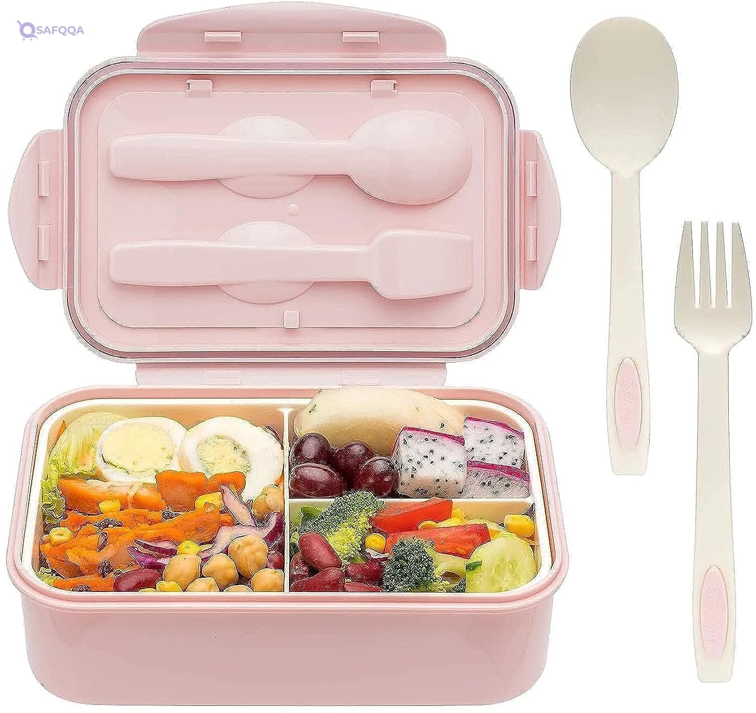 YumLock Boxes for Adults - 1400 ML Bento Lunch Box For Kids Childrens With Spoon and Fork - Durable, Leak-Proof for On-the-Go Meal, Transparent Cover - Reusable,3 Compartments Microwave Safe(Pink) - Safqqa