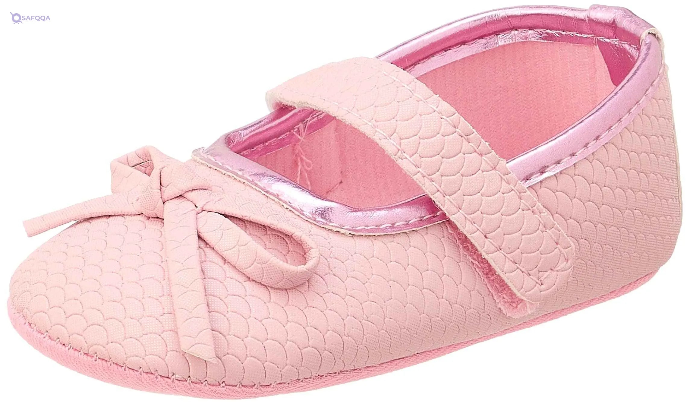 Mix & Max Embossed Pattern Front Bow Velcro Strap Shoes for Girls - 0 - 6 Months - Safqqa Egypt
