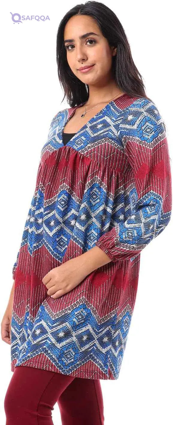 JAMILA Women's V-Neck Tunic Top with Elastic Cuffs - Safqqa Egypt