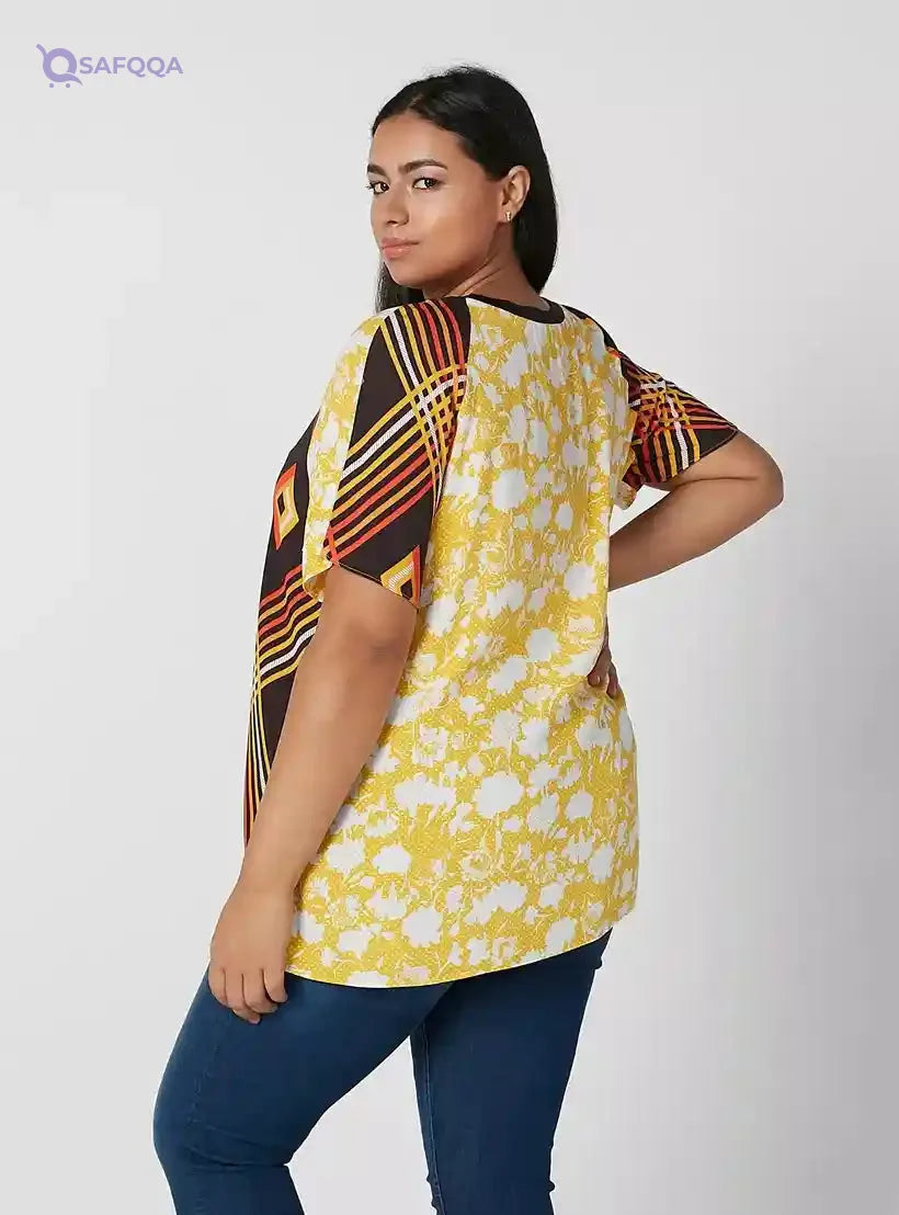 Printed Top with Round Neck and Raglan Sleeves - Safqqa Egypt