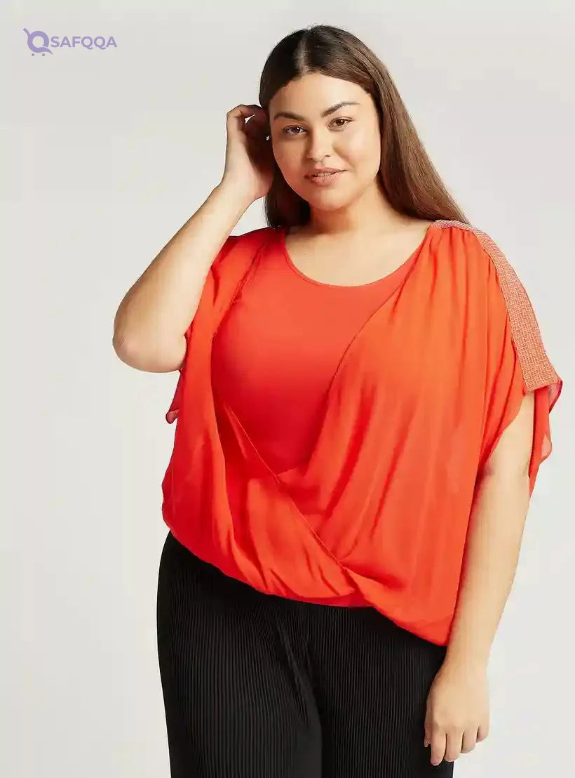 Solid Top with Round Neck and Flared Sleeves - Safqqa Egypt