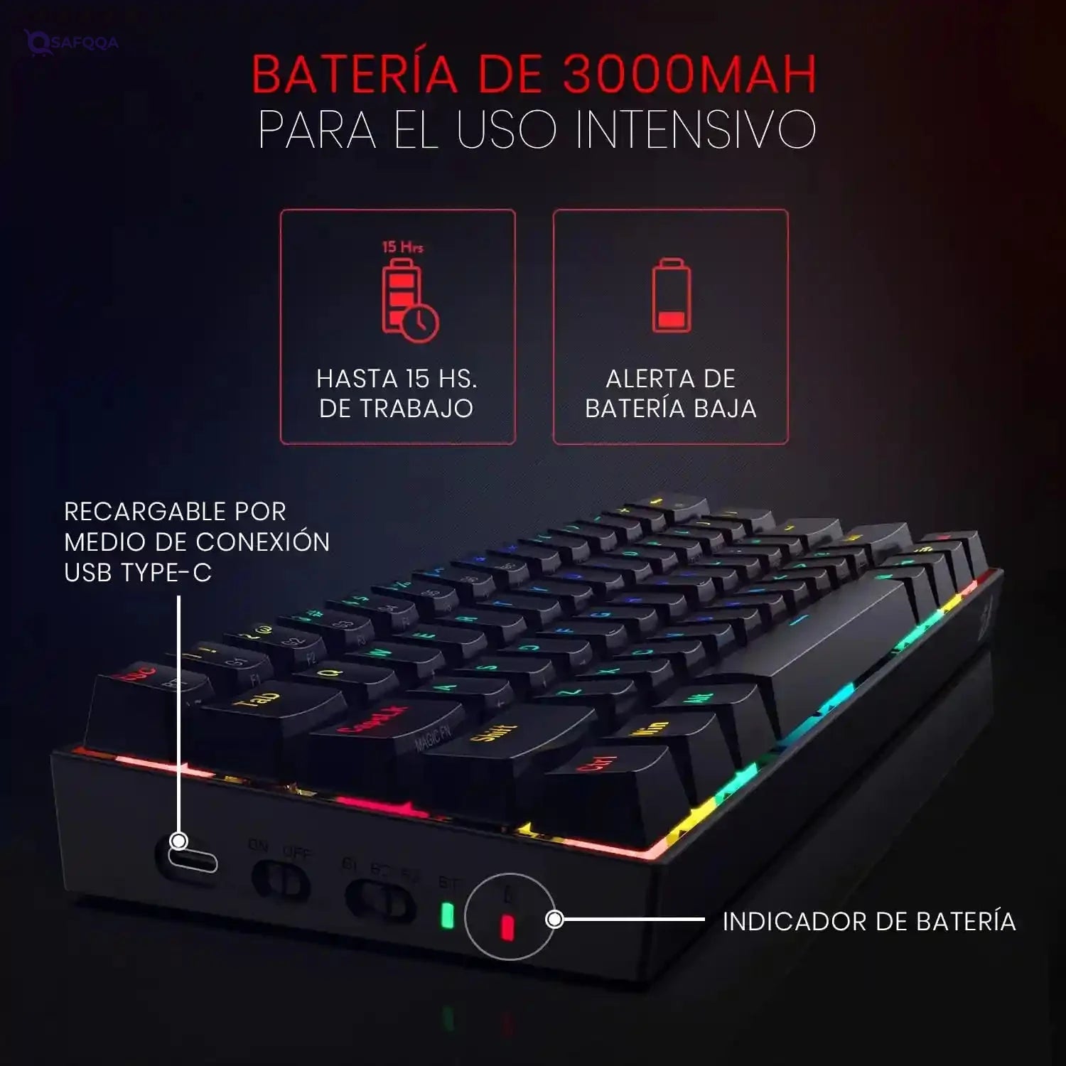 Redragon K530 Draconic 60% Compact Rgb Wireless Mechanical Keyboard, 61 Keys Tkl Designed 5.0 Bluetooth Gaming Keyboard With Brown Switches And 16.8 Million Rgb Lighting For Pc, Laptop, Cell Phone - Safqqa