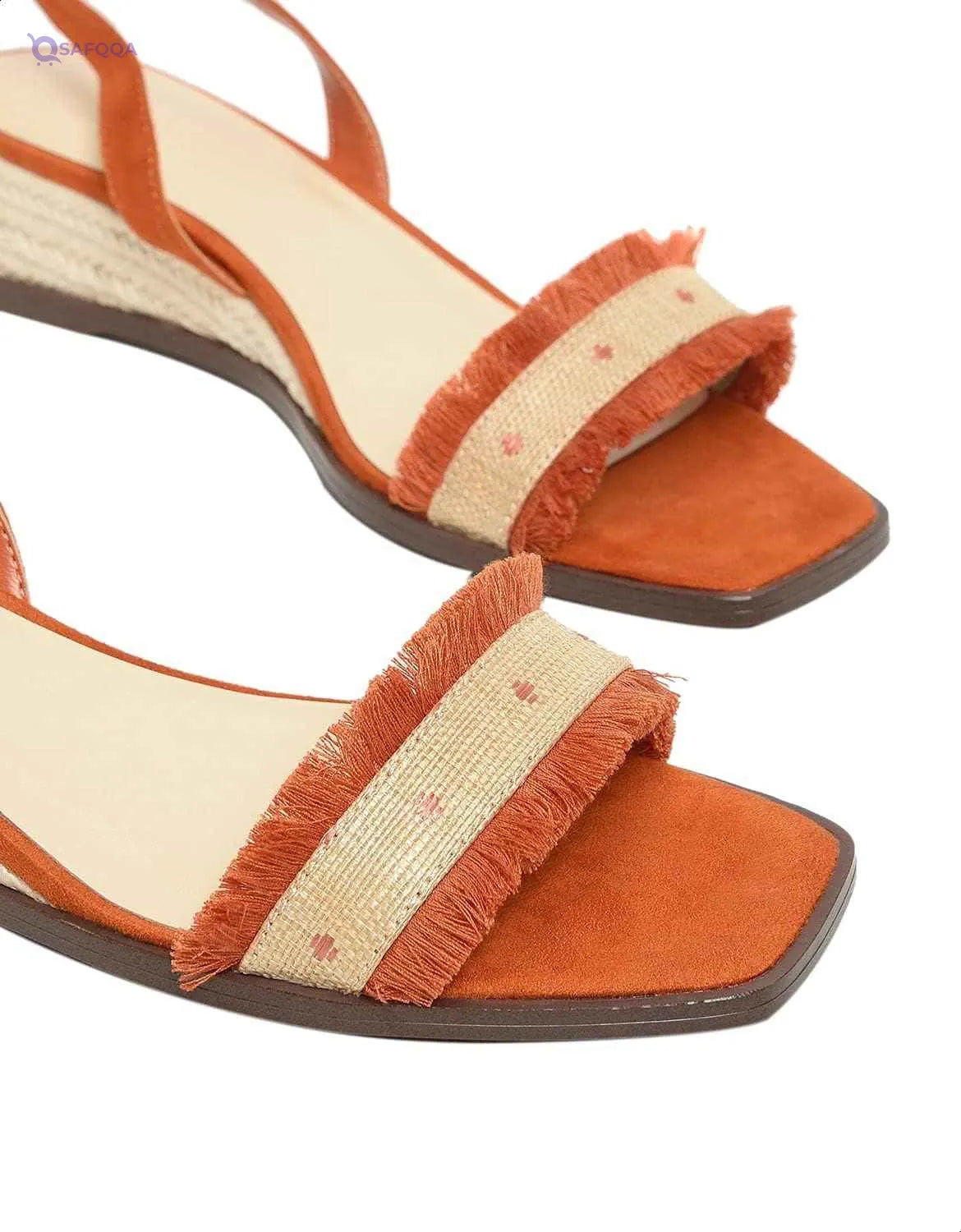 CHARLES & KEITH Fabric Ankle Wrap Contrast Fringe Raffia Detail Wedge Sandals for Women - Safqqa Egypt
