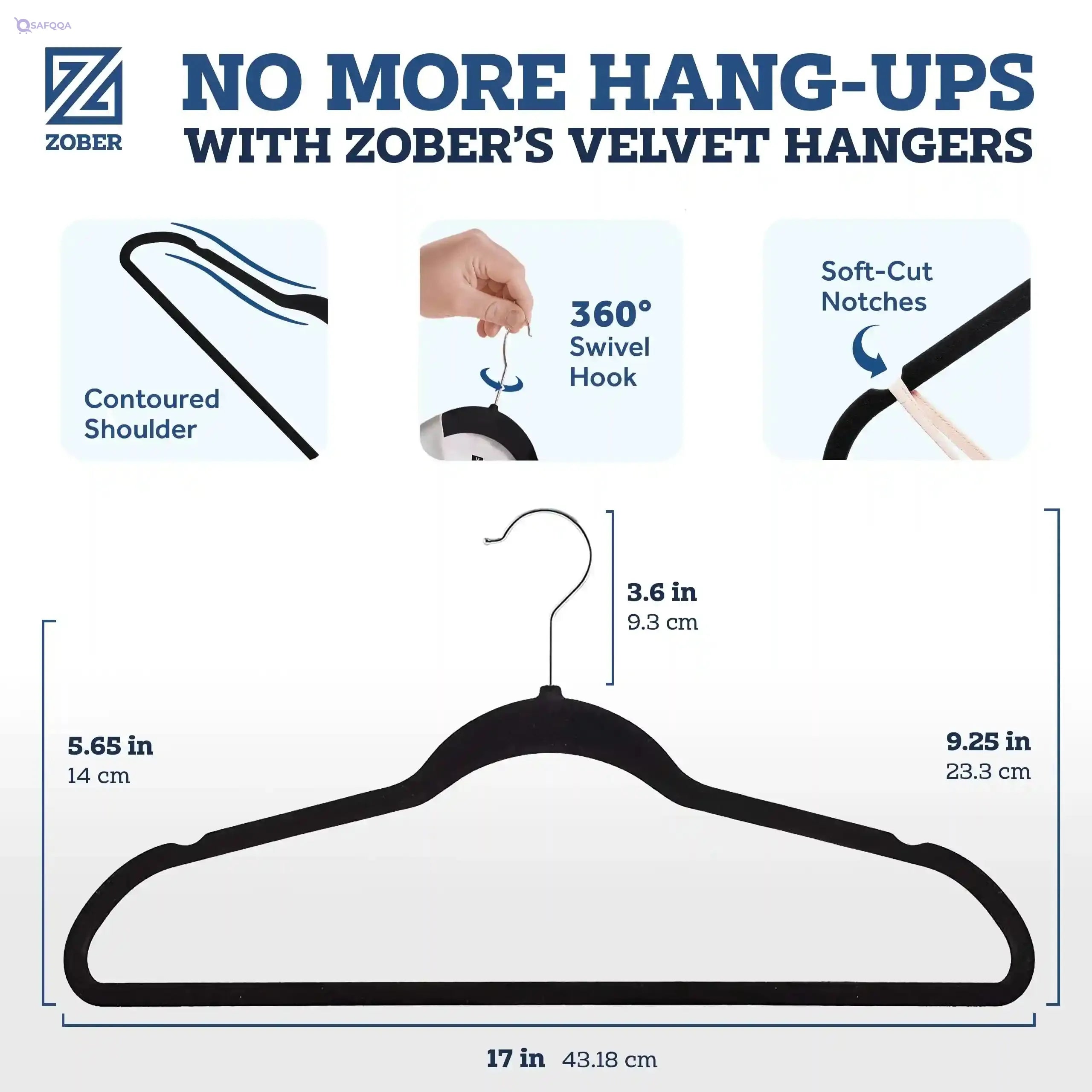 Zober Velvet Hangers 50 Pack - Black for Coats, Pants & Dress Clothes - Non Slip w/ 360 Degree Swivel, Holds up to 10 lbs - Strong Felt Hangers for Clothing - Safqqa