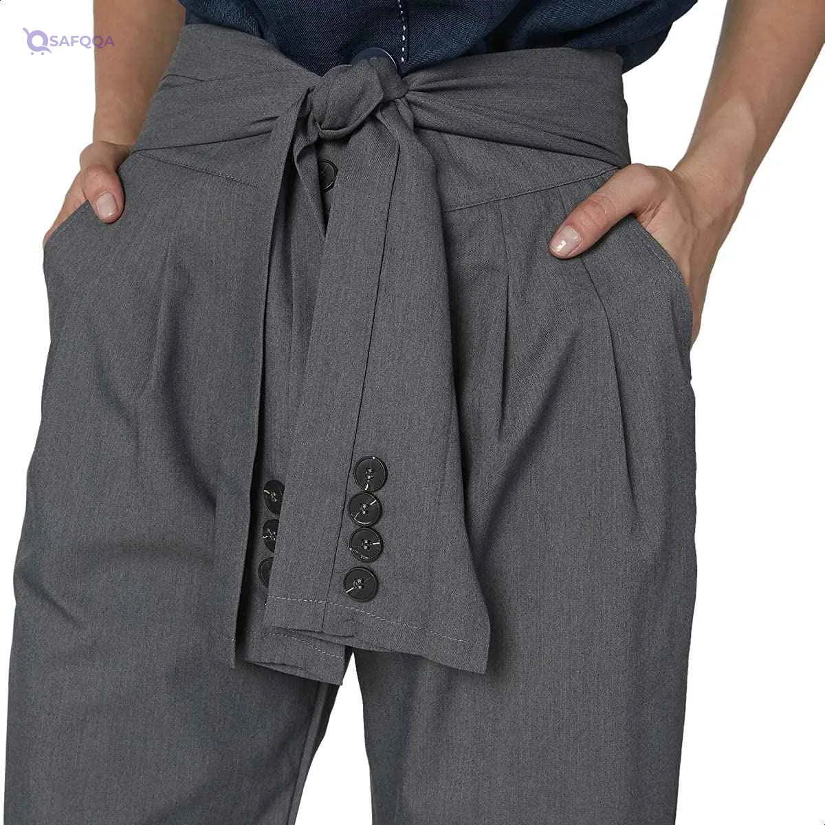 2Xtremz Cotton High Elastic Waist Straight-Fit Belted Pants for Women - Safqqa Egypt