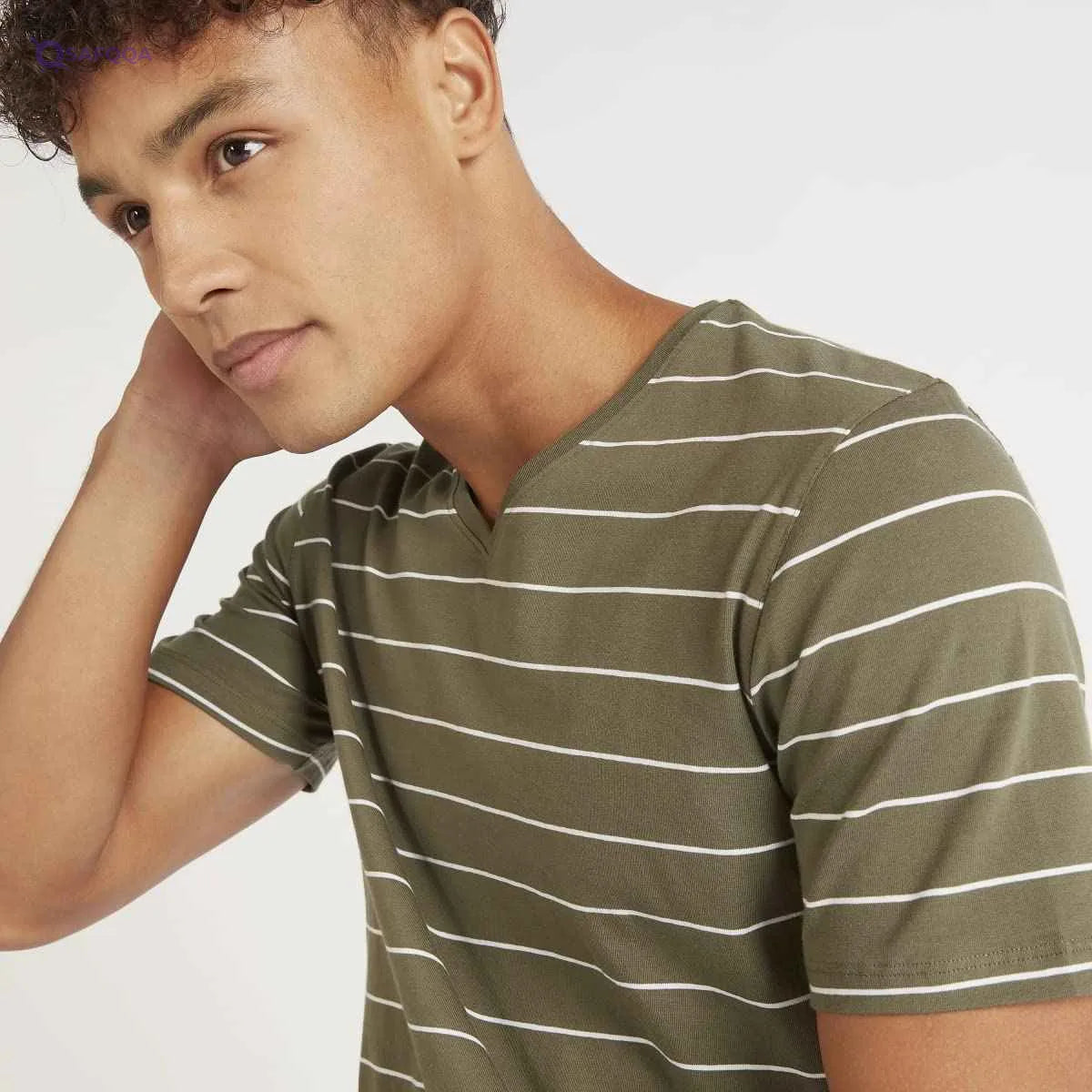 Striped V-neck T-shirt with Short Sleeves - Safqqa Egypt