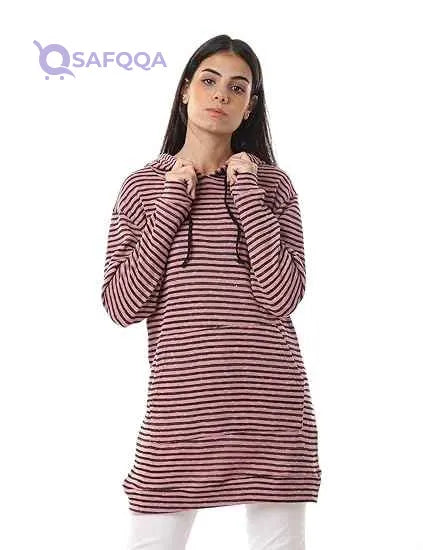 Jamila Women's Striped Drawstring Hoodie with Kangaroo Pockets - Safqqa
