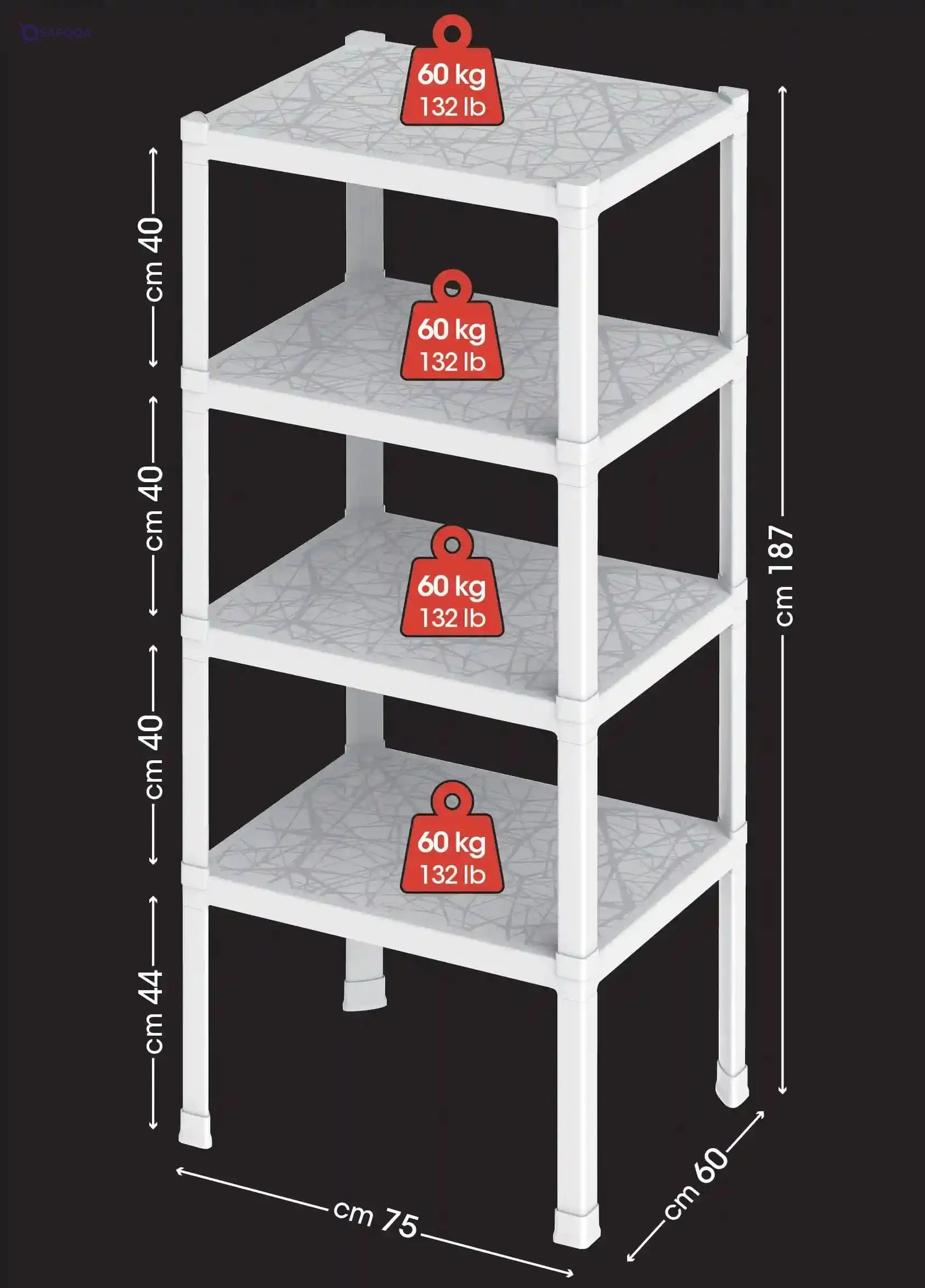 Bama 4-Tier Utility Shelf, 75x60x187 cm, White – Heavy-Duty 240kg Capacity - Safqqa