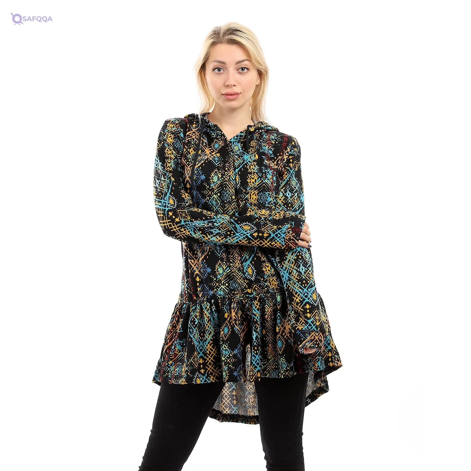 Andora womens Hi-Low Ruffle Trim Patterned Winter Shirt - Dark Yellow & Black Blouse - Safqqa