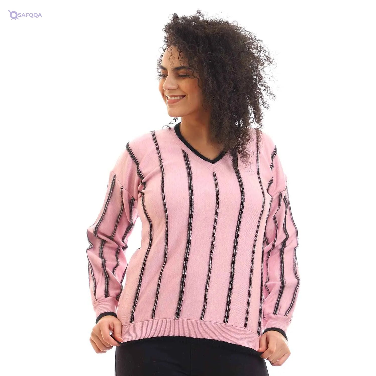 Andora Women’s Wide Striped V-Neck Slip-On Free Size Pullover Sweater - Safqqa