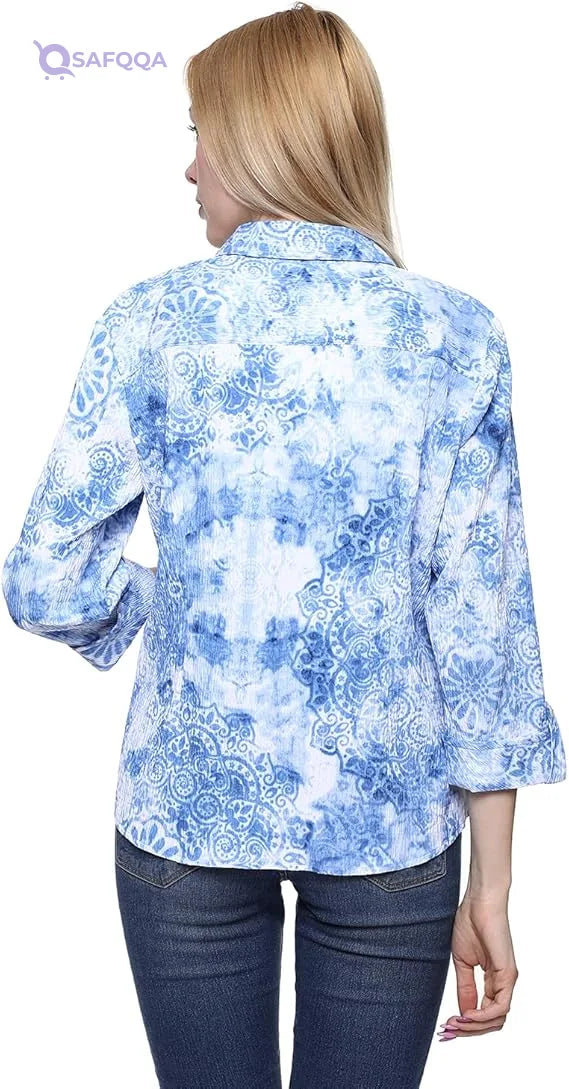 Chica Women's Mandala-Print Crinkle Shirt with Roll-Tab Three-Quarter Sleeves - Safqqa
