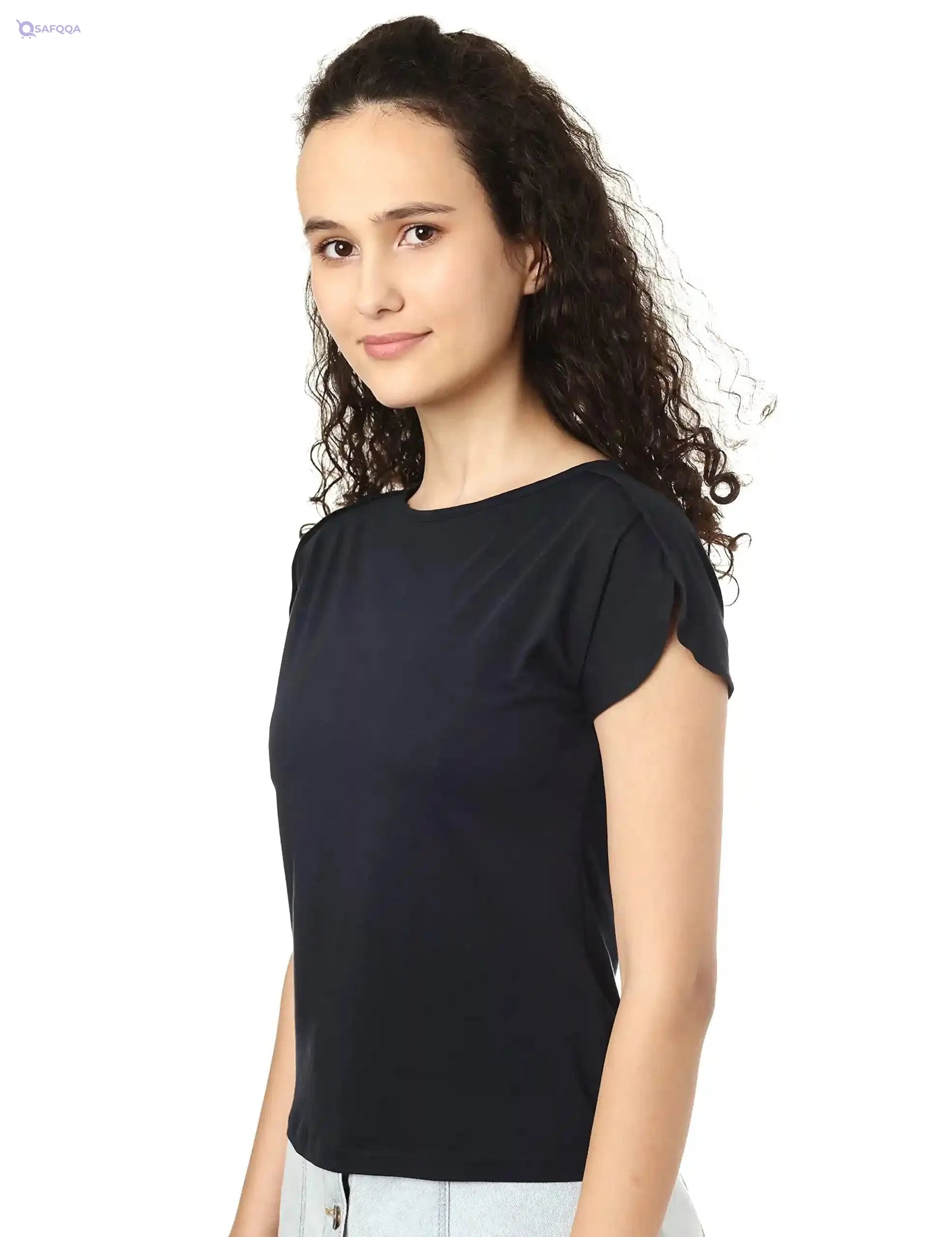 Splash Basic Solid Round-Neck Split Short Sleeves T-shirt For Women - Safqqa Egypt