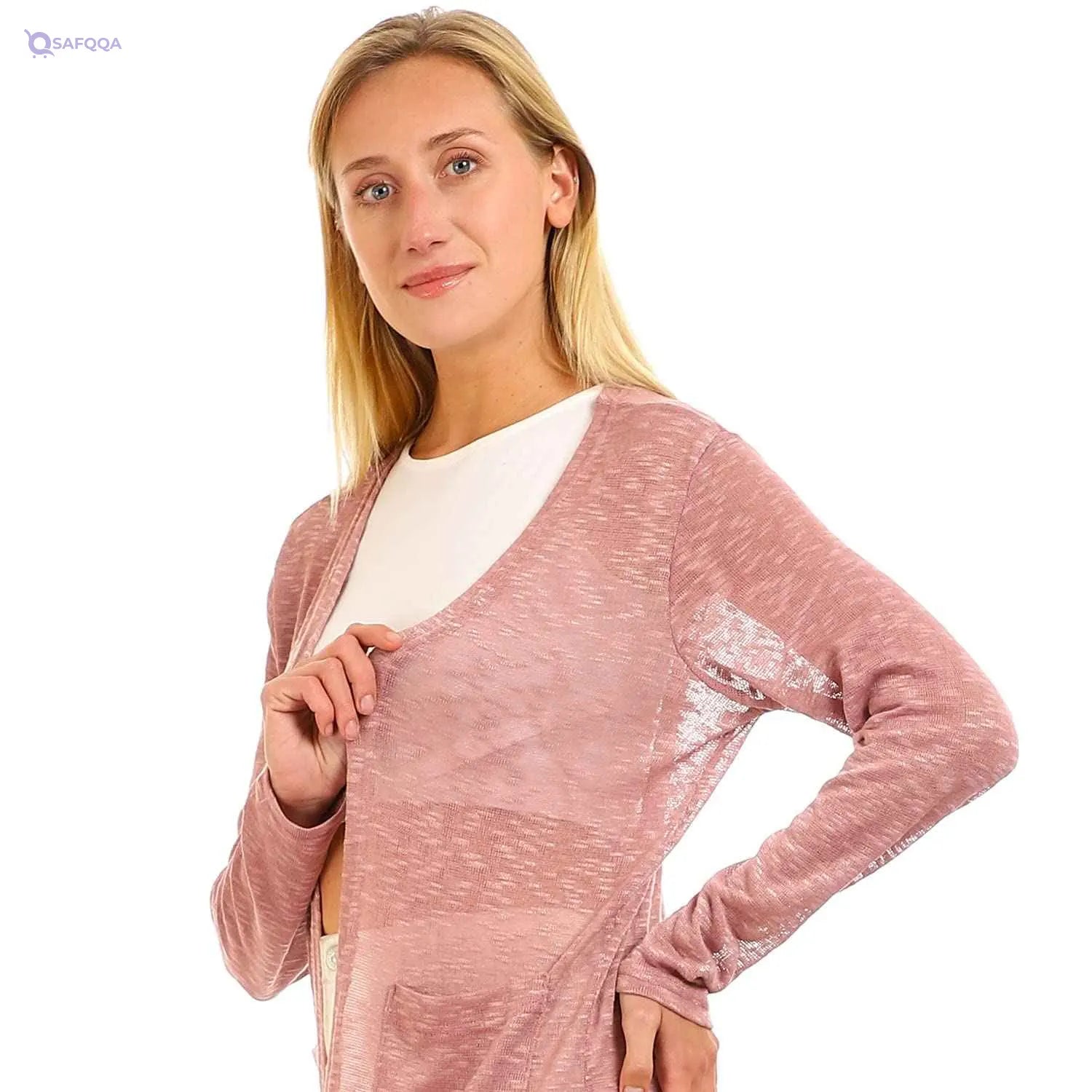 JAMILA Side Pockets Open Neckline Long Cardigan For Women,Long, flowing silhouette perfect for layering over tops or dresses.. - Safqqa