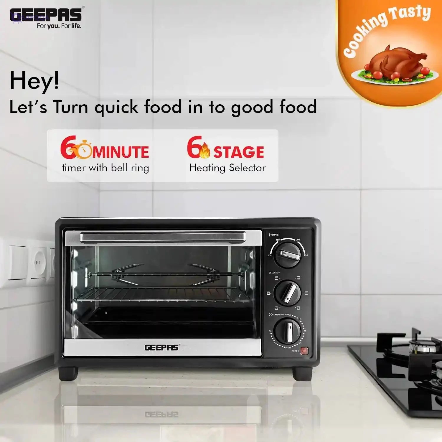 Geepas GO4464 25L Electric Oven With Rotisserie- 1600W power, 6 Stages Heating Selector-There is a hit at the top of the device. - Safqqa