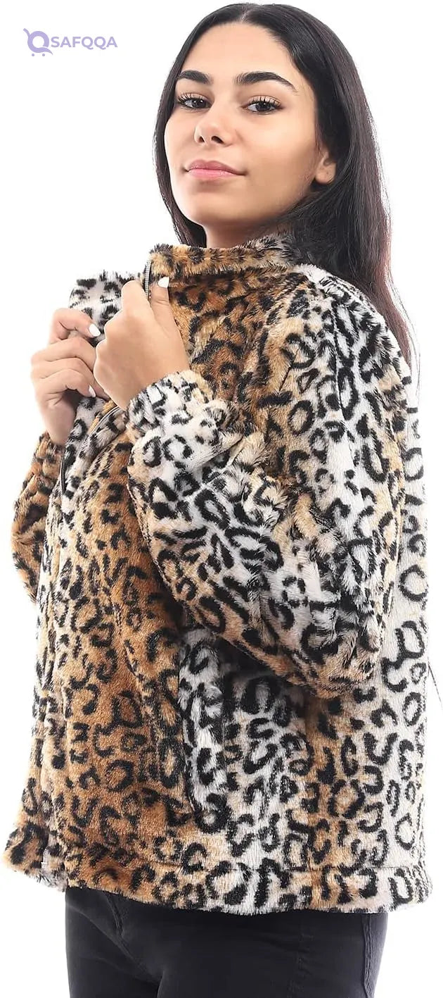 Kady Women's Brown Tiger Padded Jacket with Zipper - Safqqa
