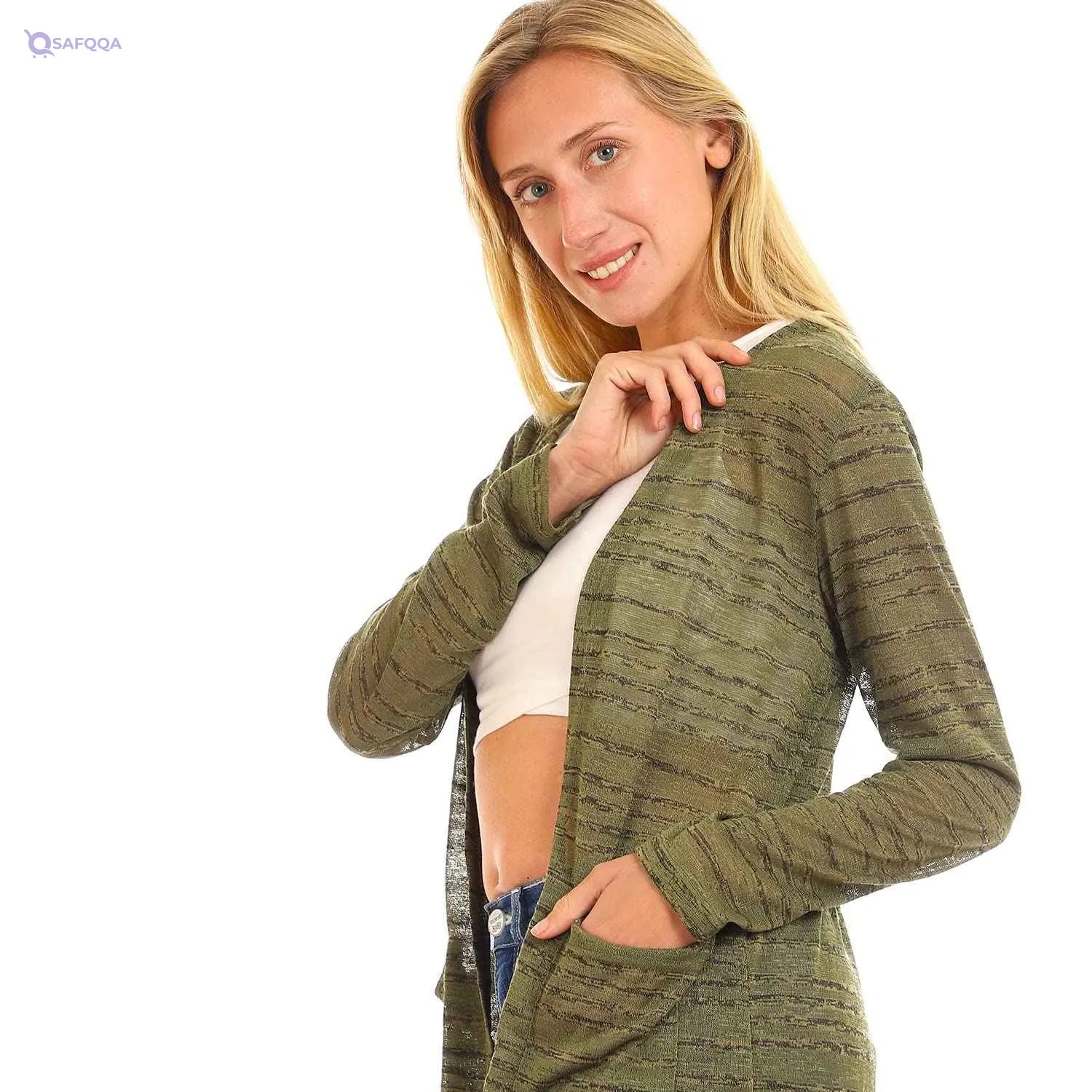 JAMILA Side Pockets Patterned Open Neckline Cardigan,Side pockets provide practicality and convenience. - Safqqa
