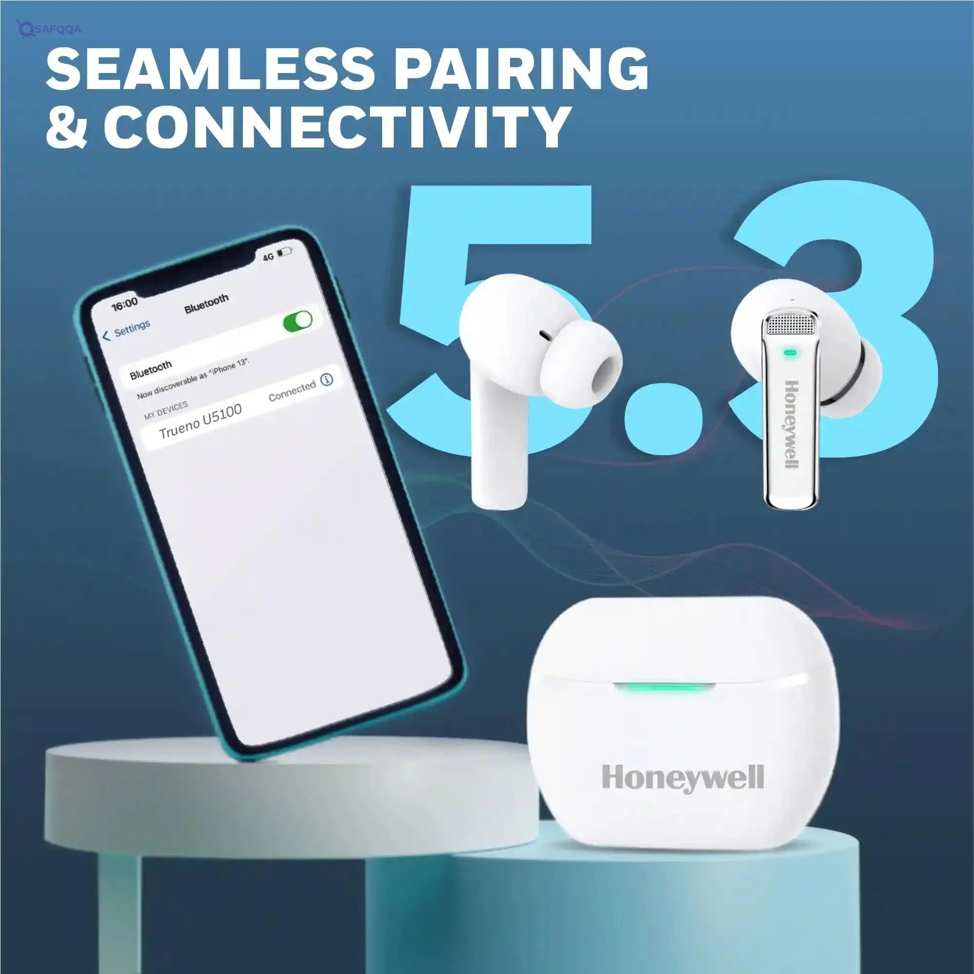 Honeywell  U5100, in-Ear Wireless Active Noice Cancellation, True Wireless Stereo Earbuds, Low Latency Mode(50MS), 6 Mics, Bluetooth V5.2, Sweat & Splash Resistant, 62 Hour Playtime, White - Safqqa