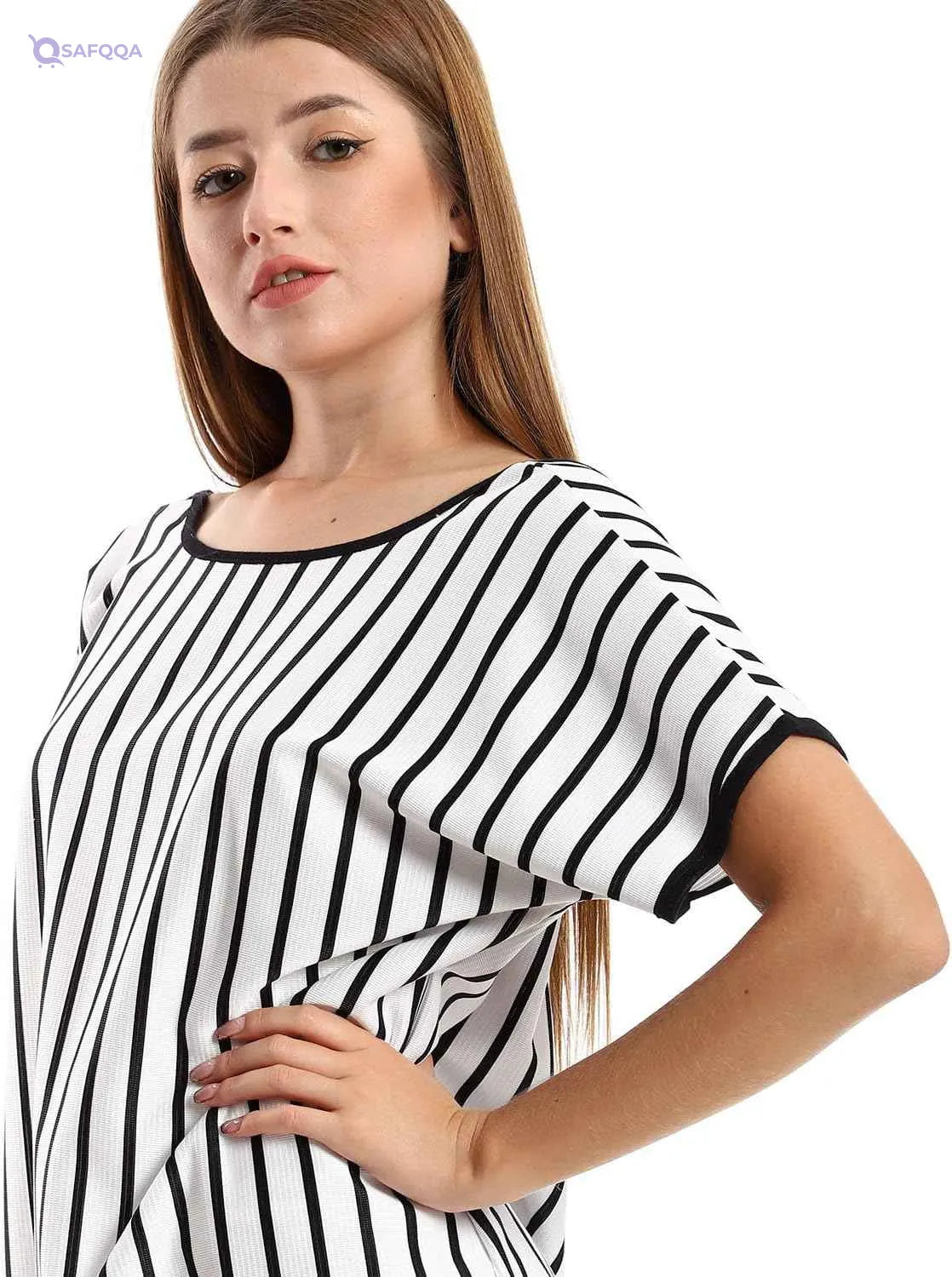 JAMILA Women's Striped Tunic with Deep Open Back and Decorative Fringes - Safqqa Egypt