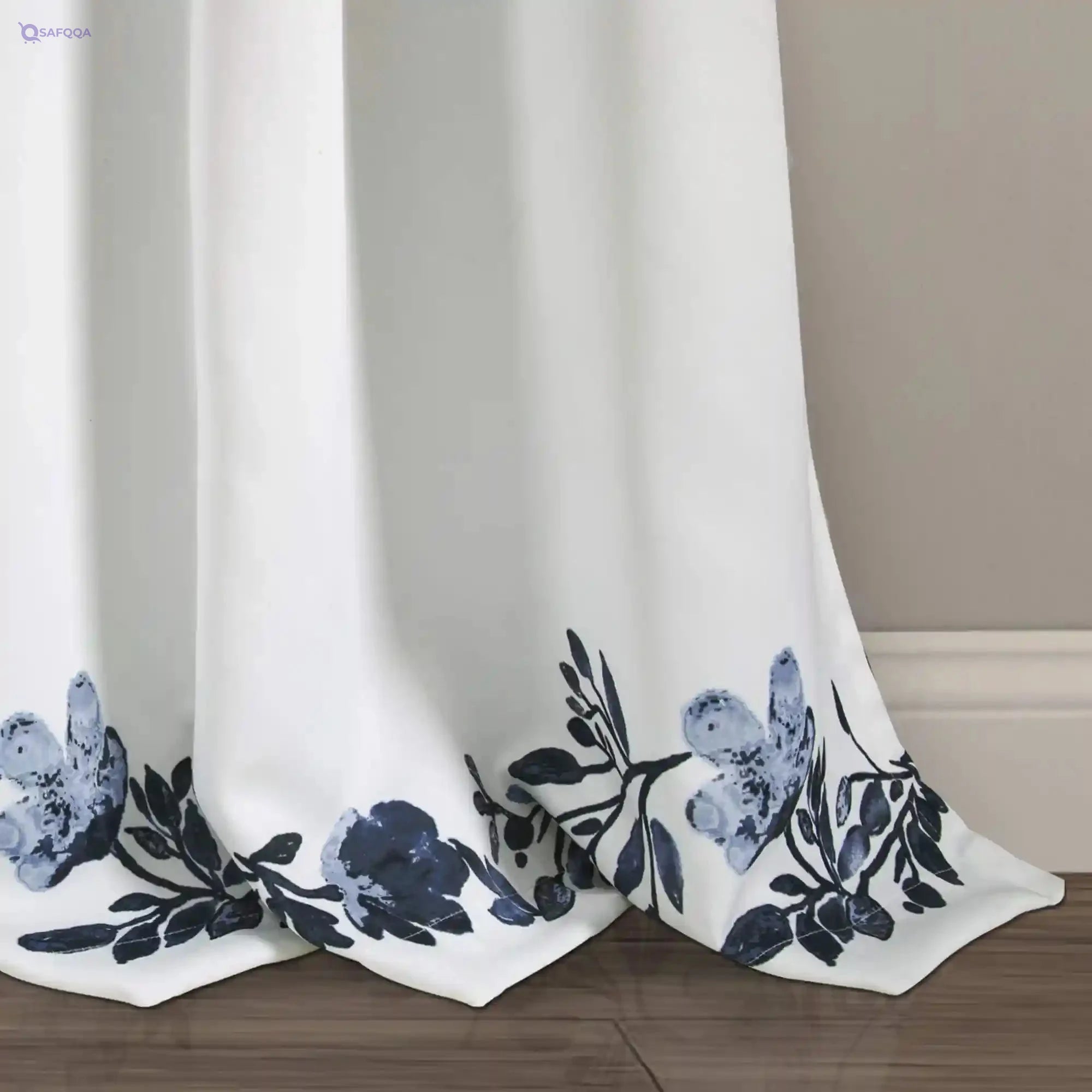 Lush Decor Navy and White Tanisha Curtains Room Darkening Floral Vine Print Design Window Panel Set (Pair), 95" x 52" - Safqqa