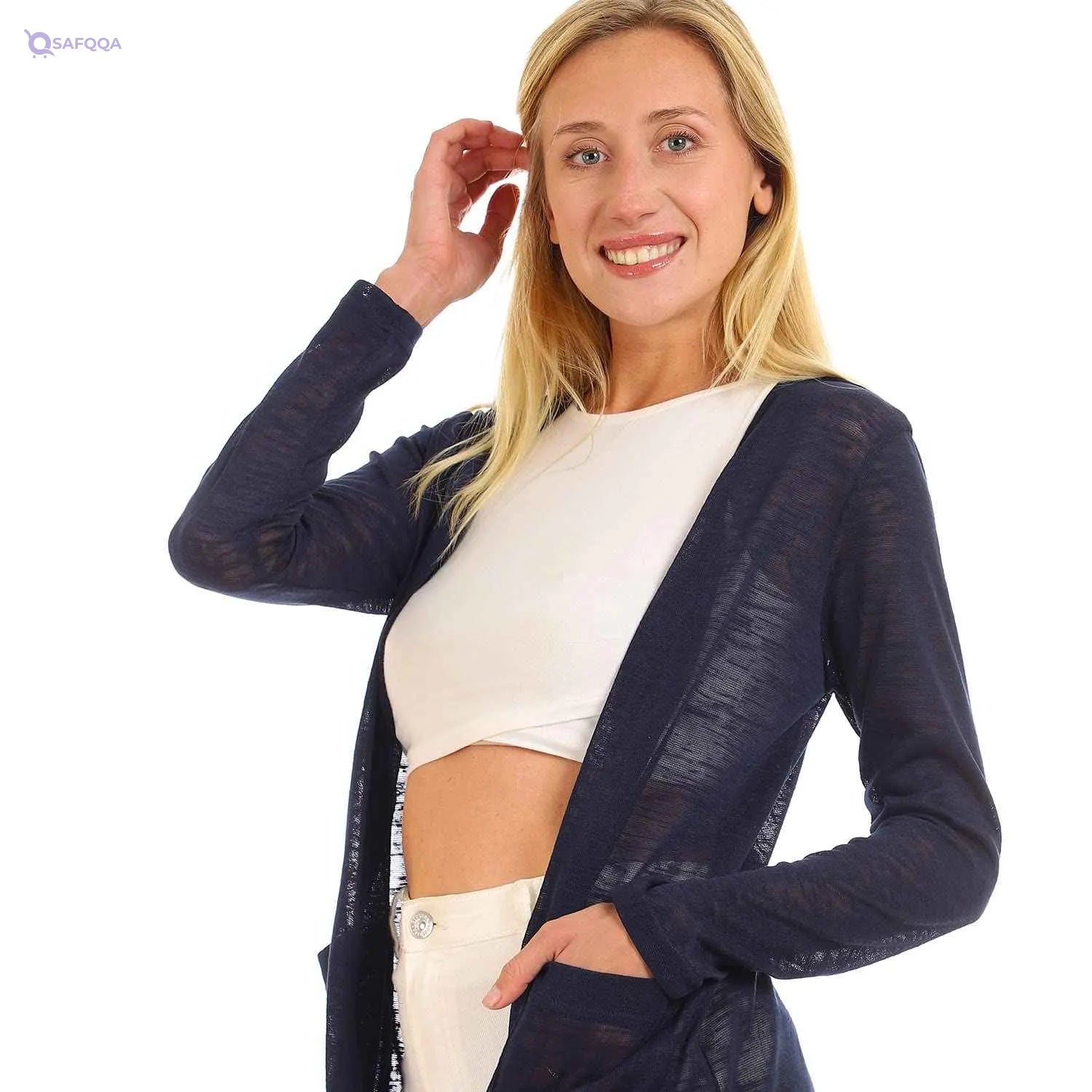 Jamila Side Pockets Open Neckline Cardigan For Women,Side pockets for added convenience and practicality. - Safqqa