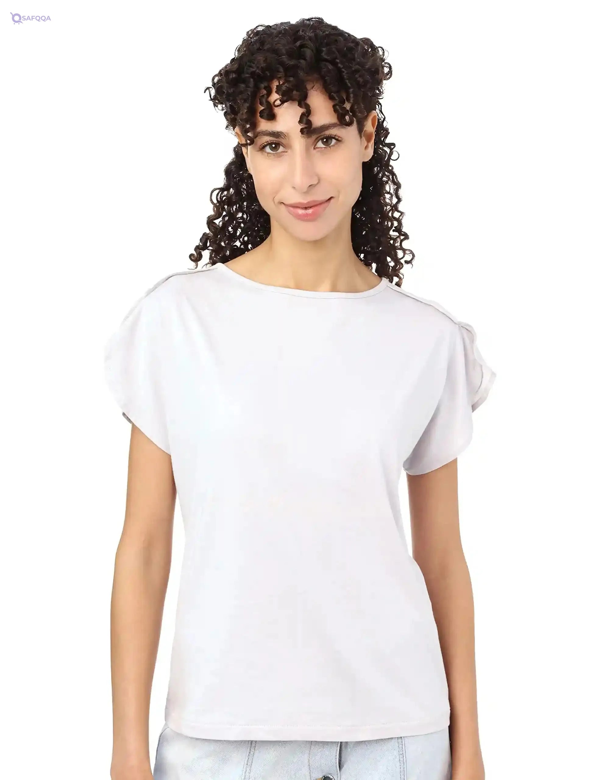 Splash Basic Solid Round-Neck Split Short Sleeves T-shirt For Women - Safqqa Egypt