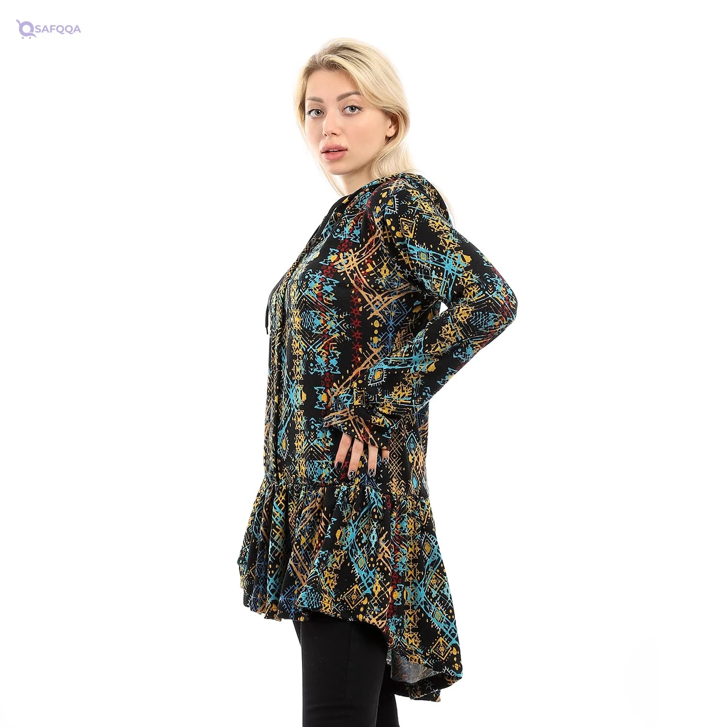 Andora womens Hi-Low Ruffle Trim Patterned Winter Shirt - Dark Yellow & Black Blouse - Safqqa