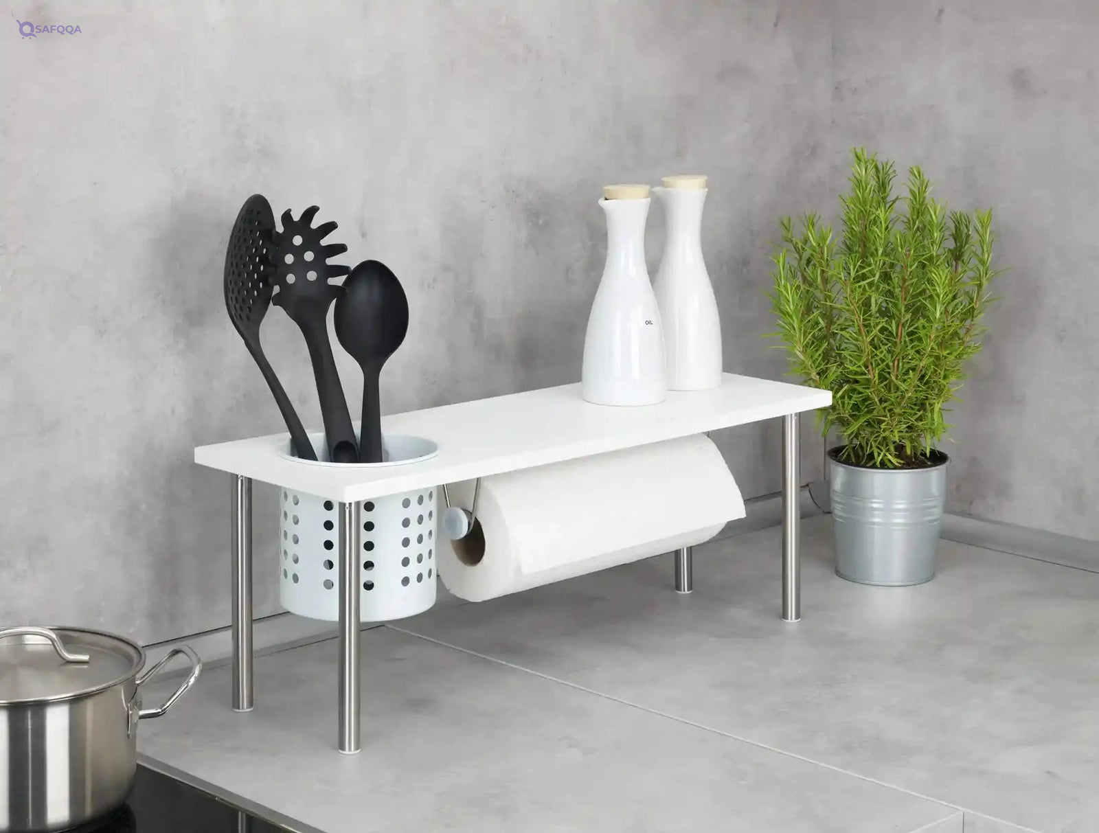 WENKO Blanco Kitchen Shelf with Roll and Utensil Holder, 55x21x18cm - Safqqa