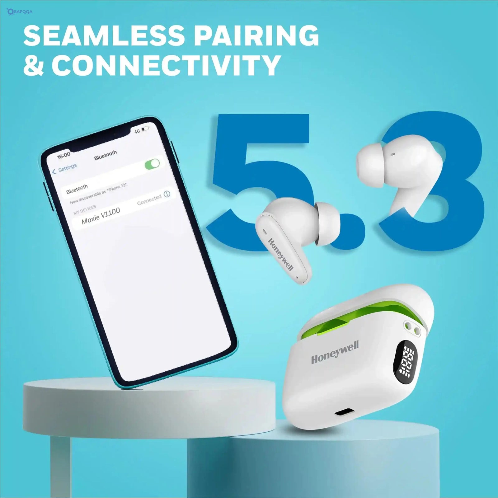 Honeywell  V1100, in-Ear True Wireless Stereo Earbuds with Digital Battery Display Case, Dual Microphones, Bluetooth V5.3, 31 Hours of Playtime, 100 Hours Stand-by, Fast Charging, White - Safqqa