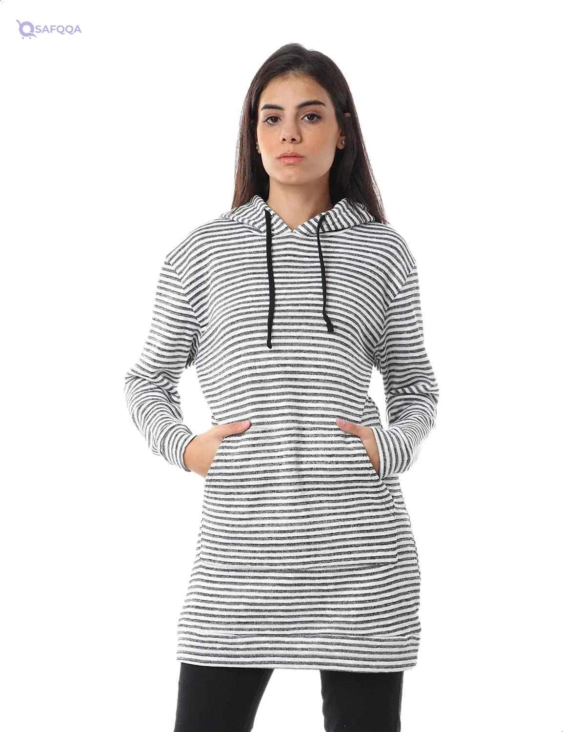 Hairline Stripes Kangaroo Pockets Drawstring Hoodie For Women,Long sleeves with ribbed cuffs for a snug fit.. - Safqqa