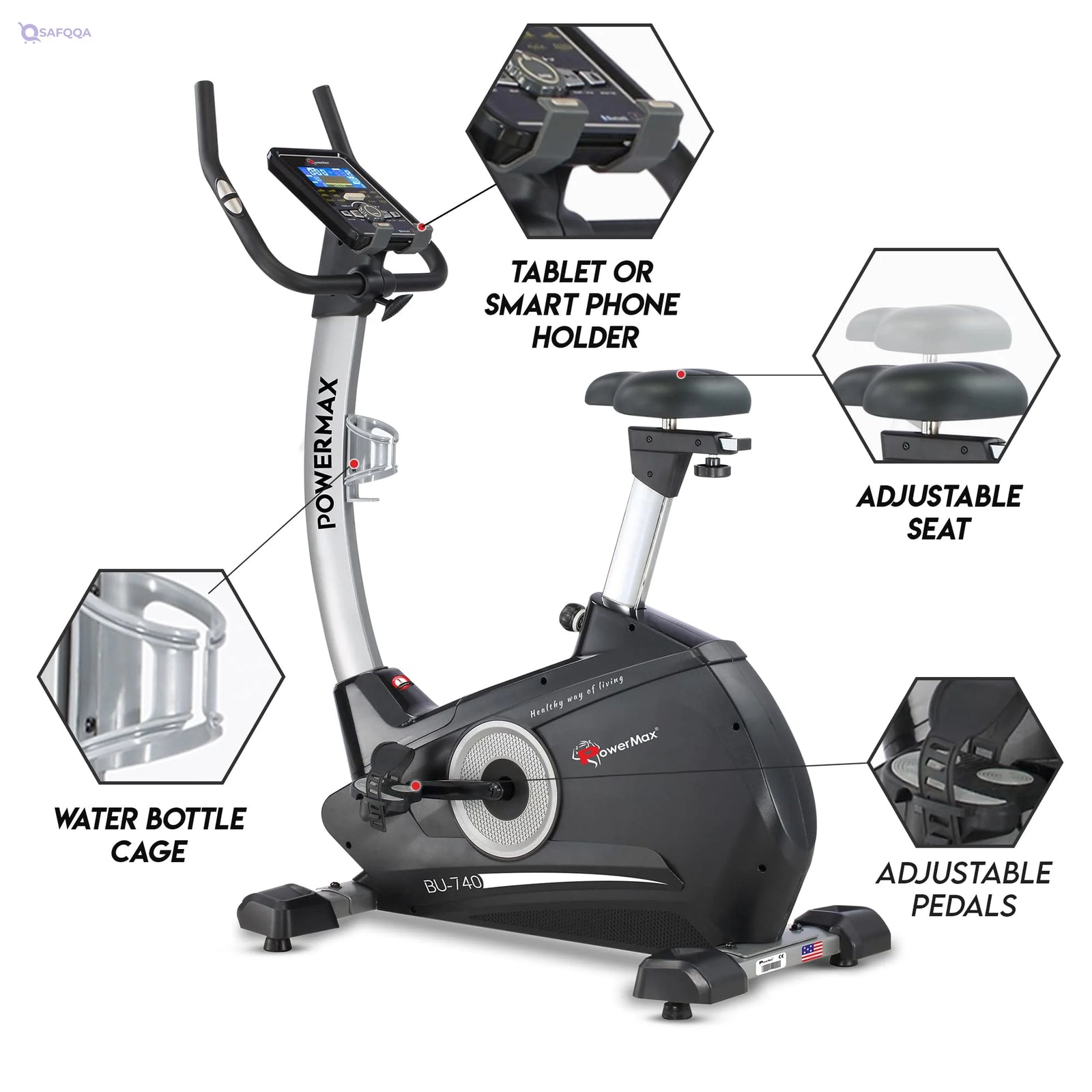 PowerMax Fitness BU-740 Upright Exercise Bike for Home Use – 8Kg Flywheel, 120kg Capacity, LCD Display, 10-Level Resistance - Safqqa