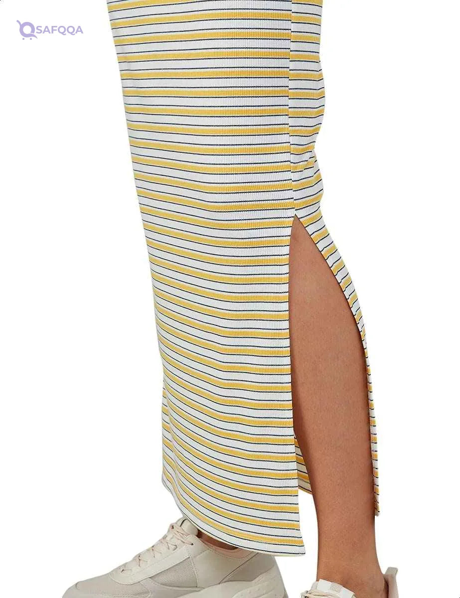 Splash Side-Slit Maxi Straight-Cut Striped Skirt for Women - Yellow and White - Safqqa Egypt