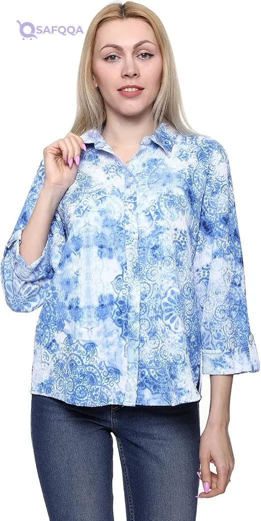Chica Women's Mandala-Print Crinkle Shirt with Roll-Tab Three-Quarter Sleeves - Safqqa