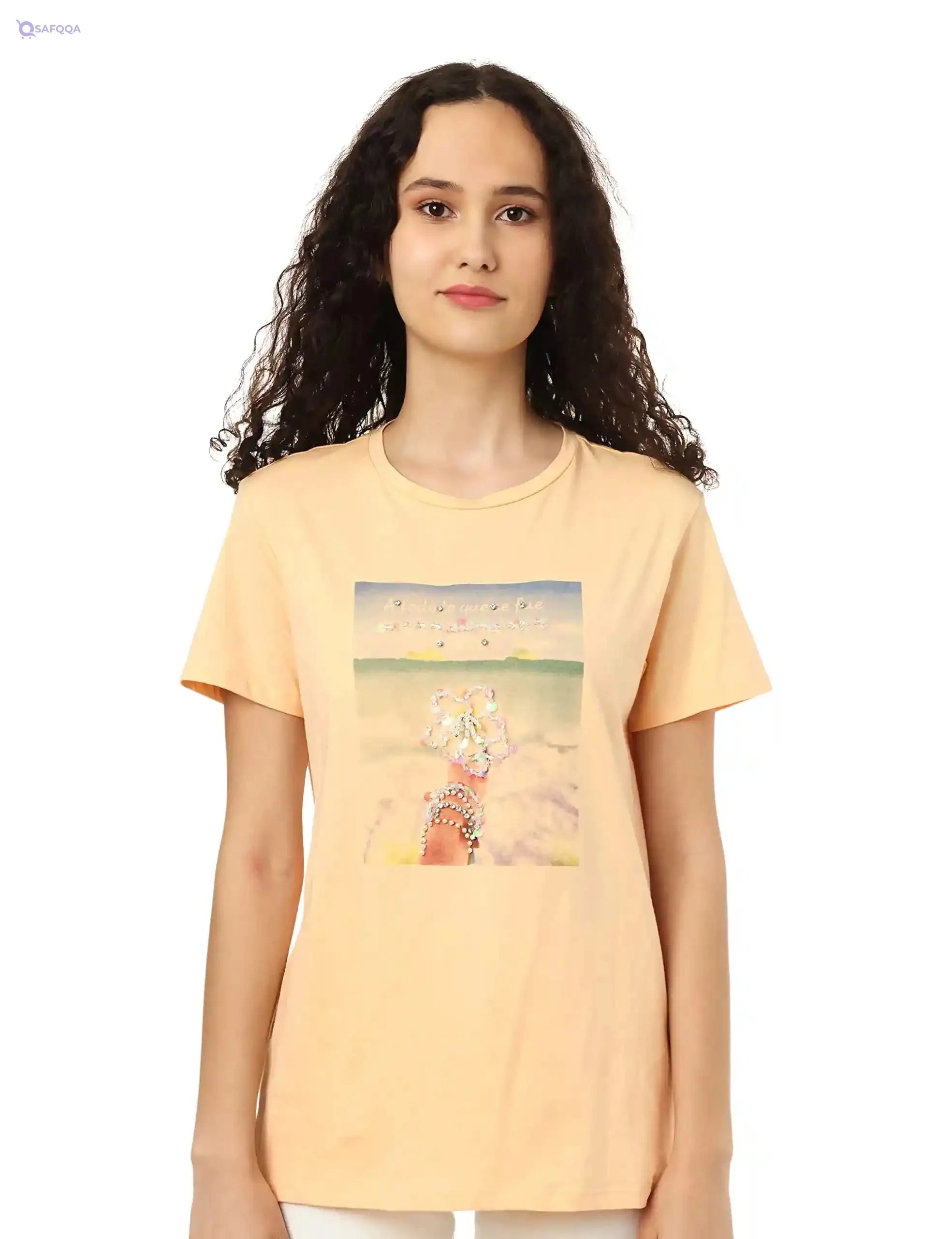 Splash Front Print Short Sleeves Cotton T-Shirt for Women - Safqqa Egypt