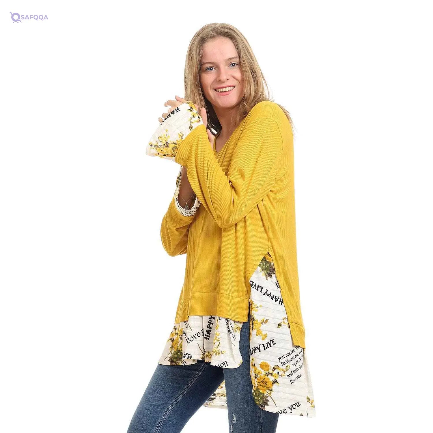 kady-Women-High-Low V-Neck Blouse With Floral Trim - Safqqa Egypt