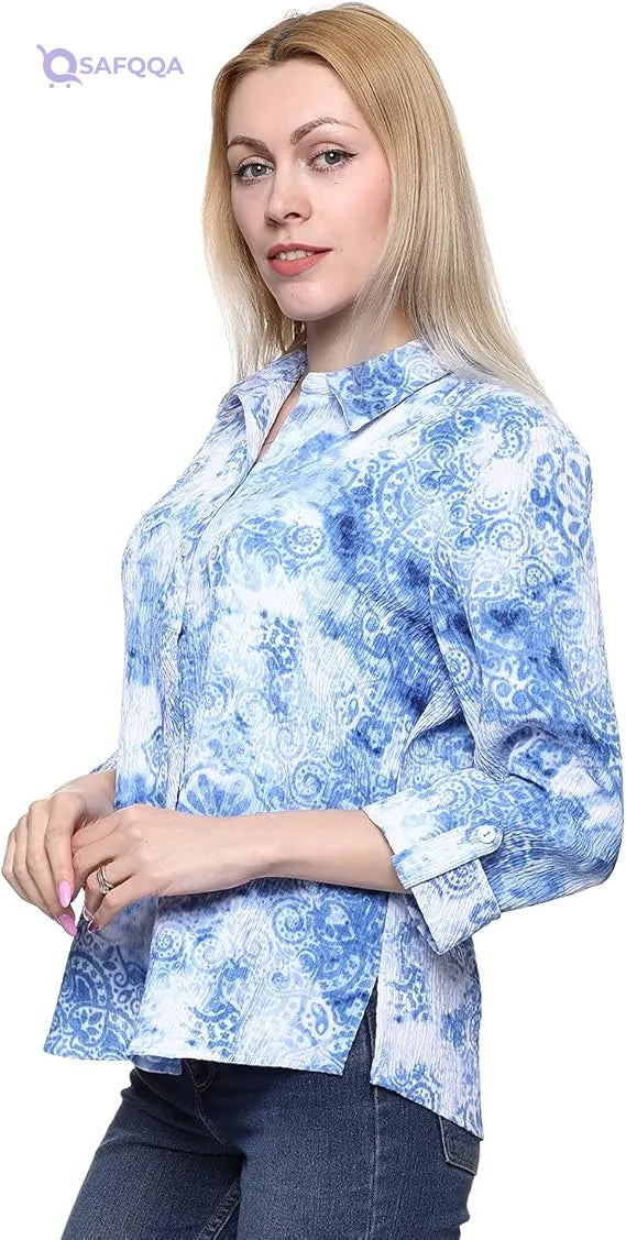 Chica Women's Mandala-Print Crinkle Shirt with Roll-Tab Three-Quarter Sleeves - Safqqa