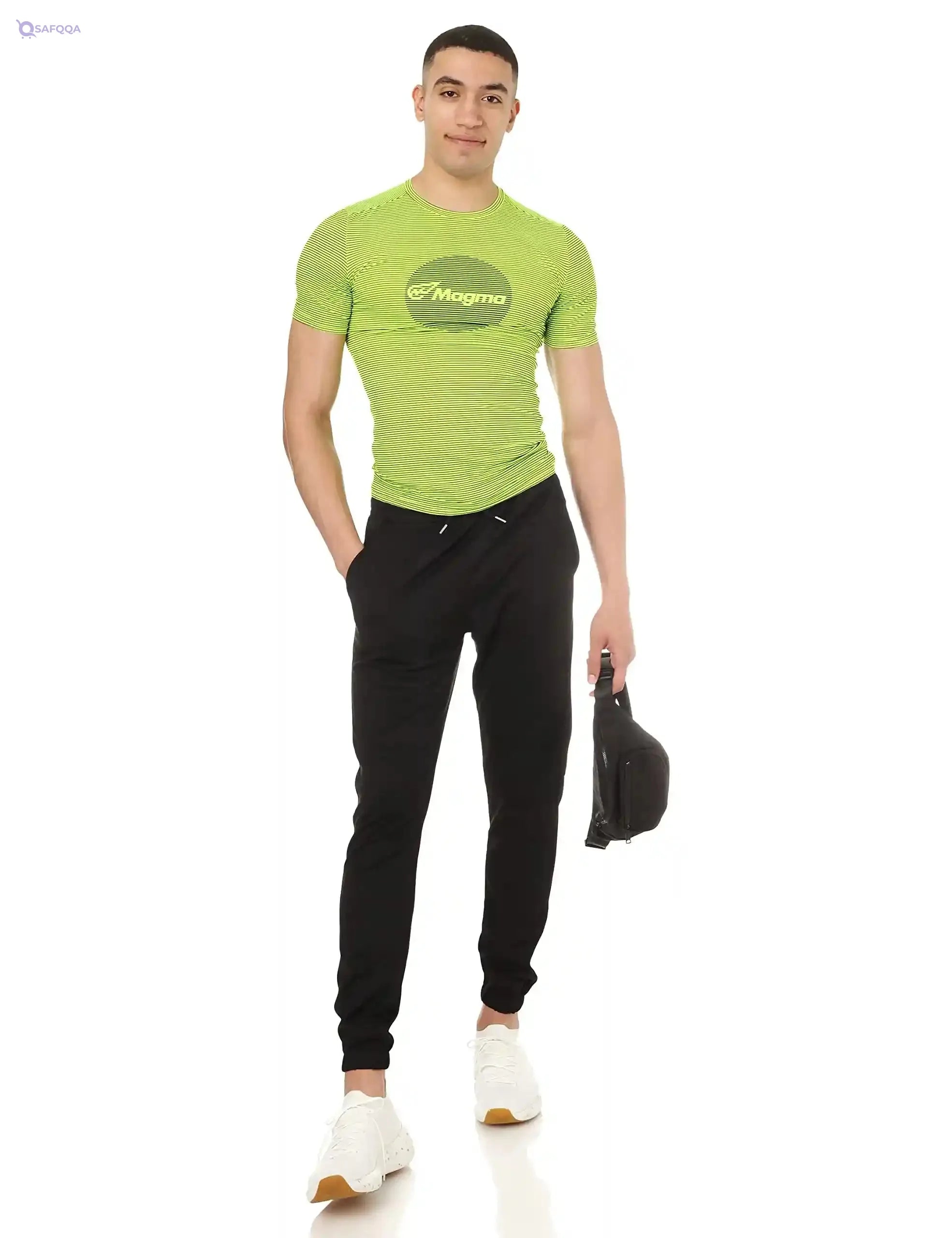 Magma Striped Front Logo Round Neck Slim-Fit Sports T-Shirt for Men - Safqqa Egypt