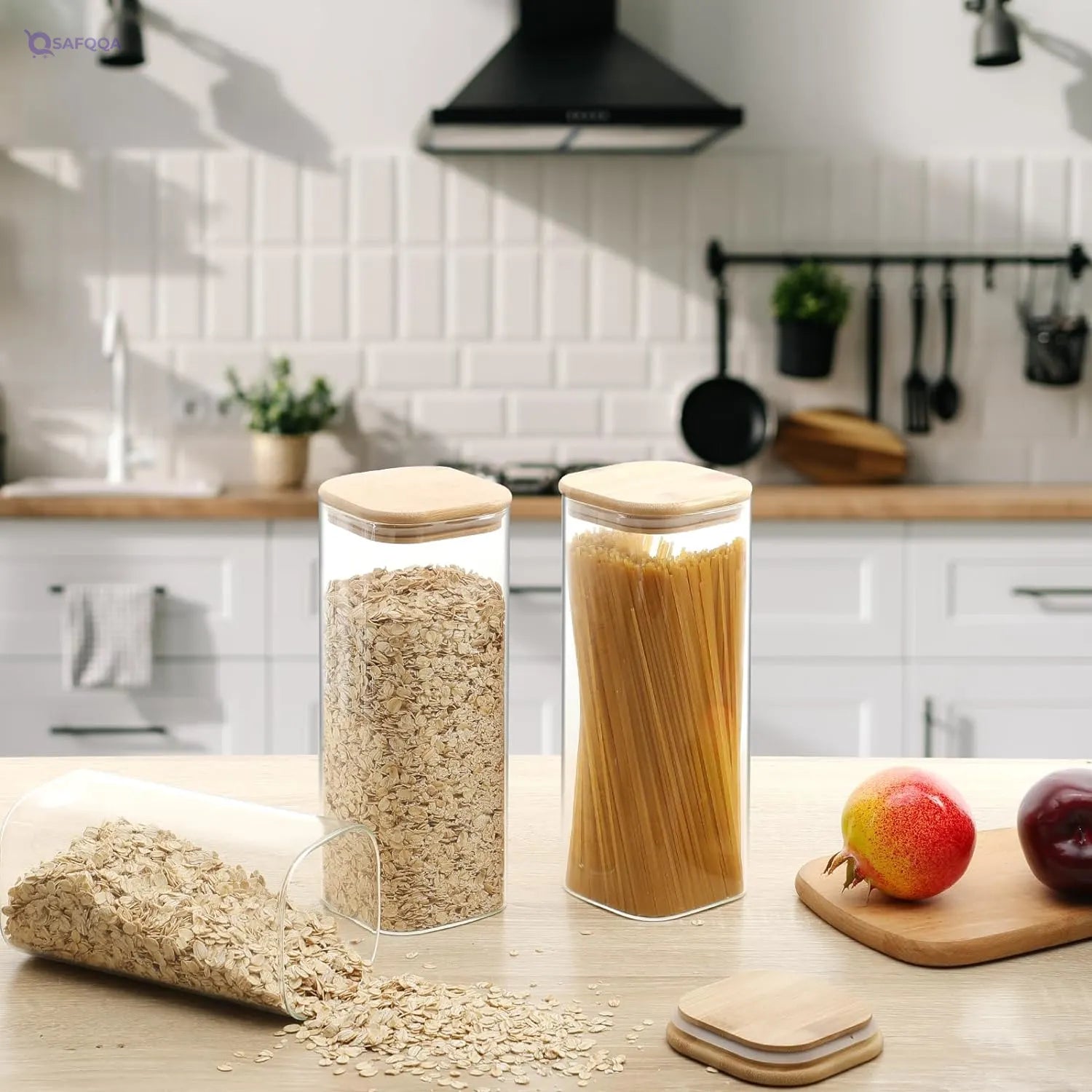 SKY-TOUCH 1 pack 1500ml Glass Food Storage Containers with Bamboo Lid,Clear Square Kitchen Container Sets, Stackable Glass Pantry Food Canisters for kitchen Counter, Candy, Cookie, Rice, Cereal - Safqqa