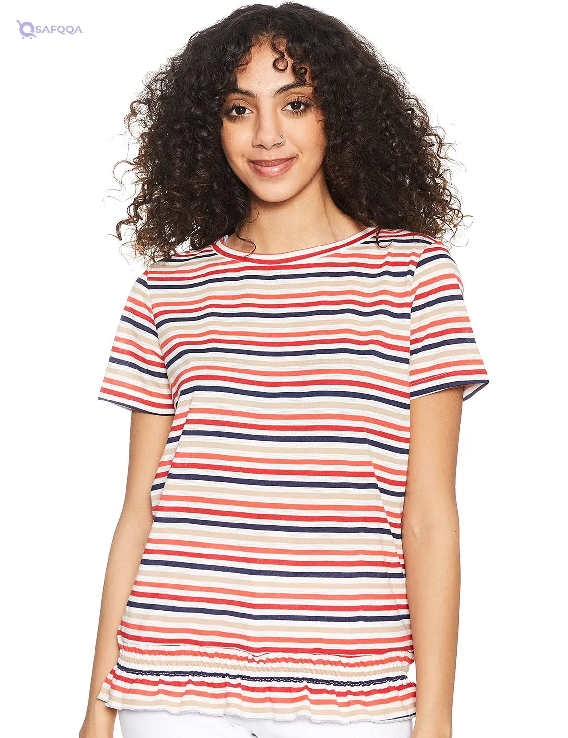 Matalan Striped Ruffled Hem Short Sleeves Round Neck T-shirt for Women,Short sleeves ideal for warm weather. - Safqqa
