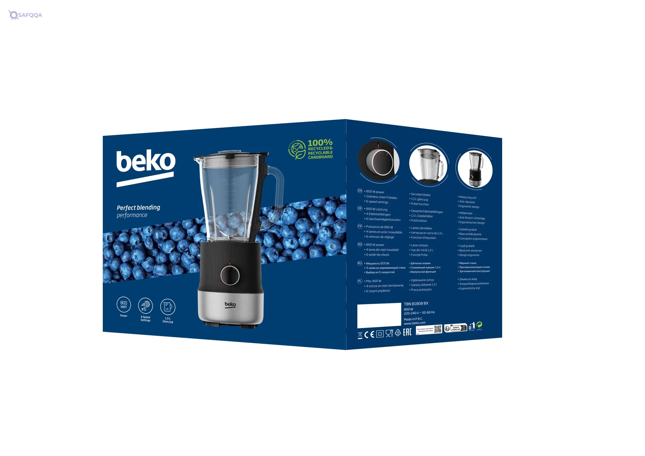 Beko Top Blender with Glass Jug, 6 Speeds, 1.5 L, 800 Watts - Safqqa