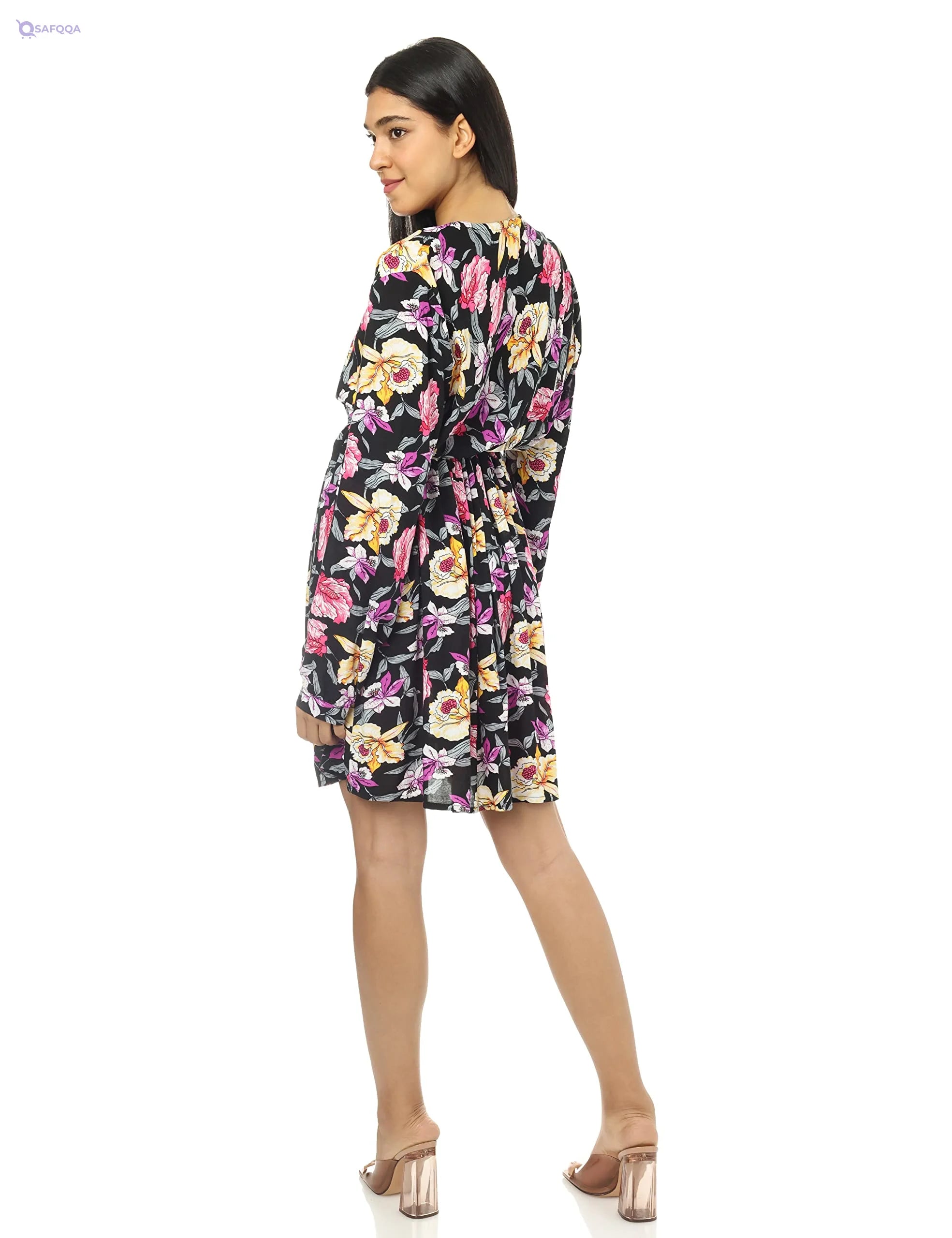 JAMILA Women Buttoned Neck With Lace Up Floral Short Dress DRESS - Safqqa
