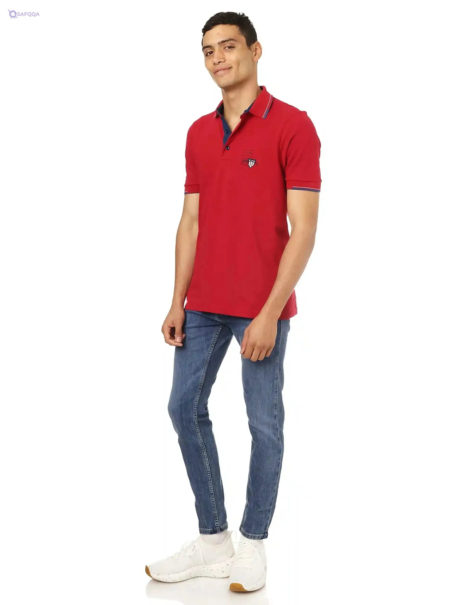 Bardis Embroidered Logo Two-Tone Trims Cotton Polo Shirt for Men - Dark Red, M - Safqqa Egypt