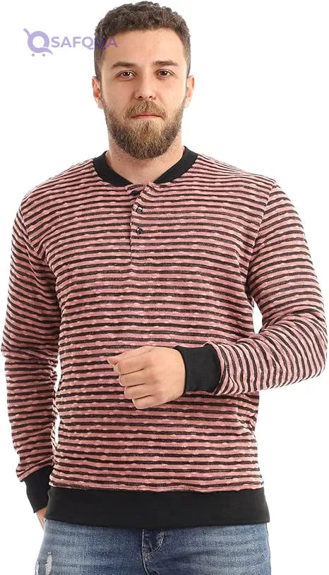 Offcliff Men’s Henley Striped Sweatshirt with Long Sleeves and Buttons - Safqqa