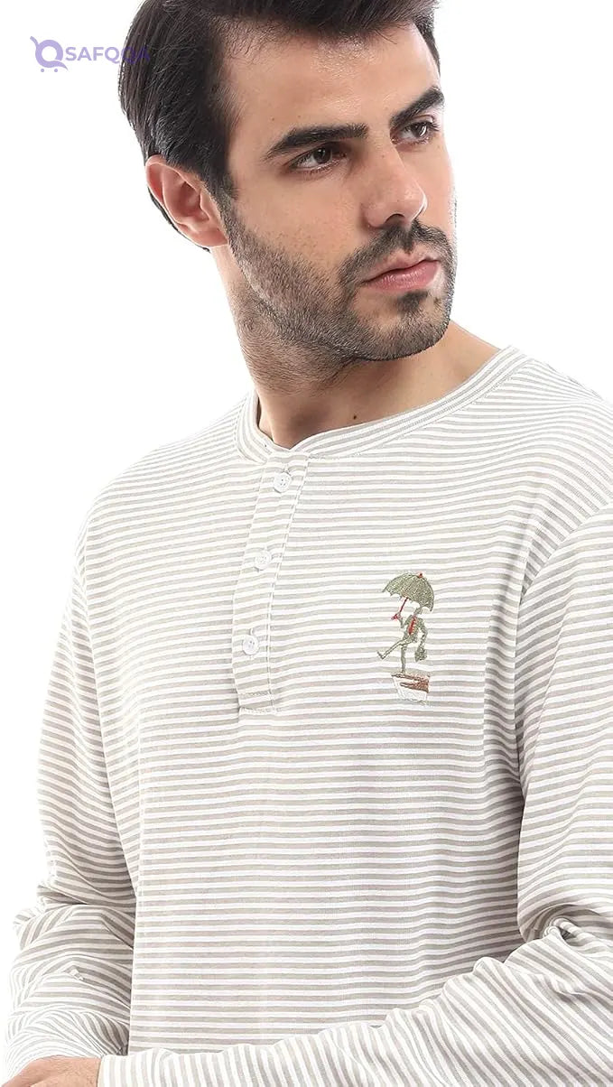 offcliff Men stripped long sleeves henly necktop with side broderie - Safqqa