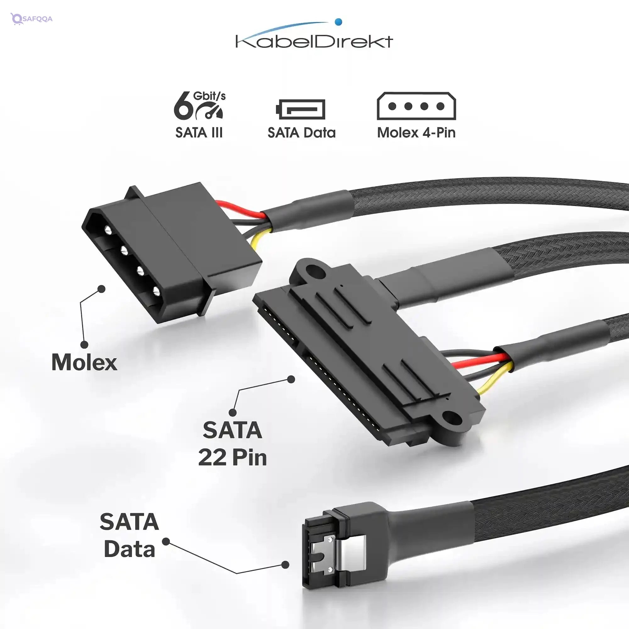 KabelDirekt 820 0.6m 30cm 22-pin SATA to 4-pin Molex power cable and 60cm 7-pin 3 data 6 Gbit/s black - Safqqa Egypt