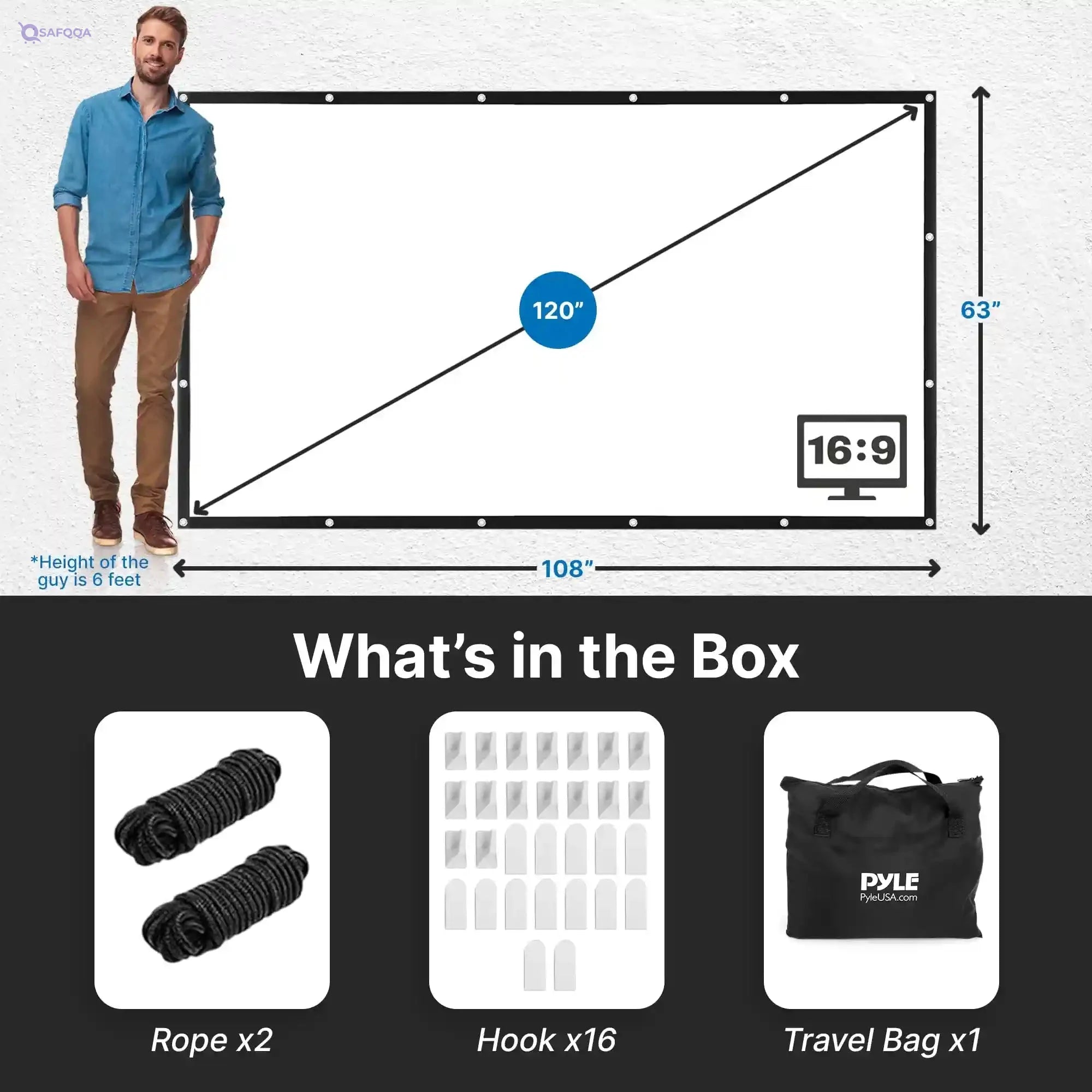 Pyle Foldable Portable Projector Screen - 120" 16:9 HD 4K Lightweight Indoor Outdoor Anti-Crease Movie Projection Display - for Home Theater, Party, Office, Classroom - Safqqa