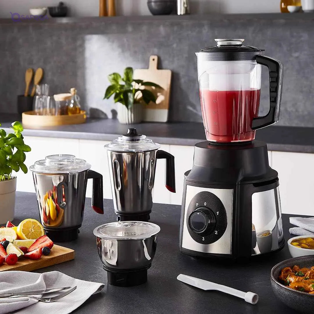 Geepas 5-IN-1 Mixer Grinder GSB5457N – 1000W Powerful Copper Motor, Stainless Steel Jars, Modern Design, Durable Body, Robust Handles, Sharp Blades – Minor Scratches - Safqqa
